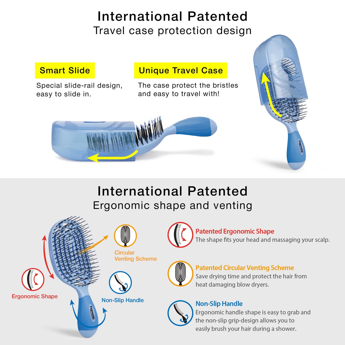 NuWay TravelC Detangling Hair Brush Set (2 Brushes) – Mix-n-Match Travel Case Colors, Patented Curved Vented Design with Protective Case for Wet or Dry Hair