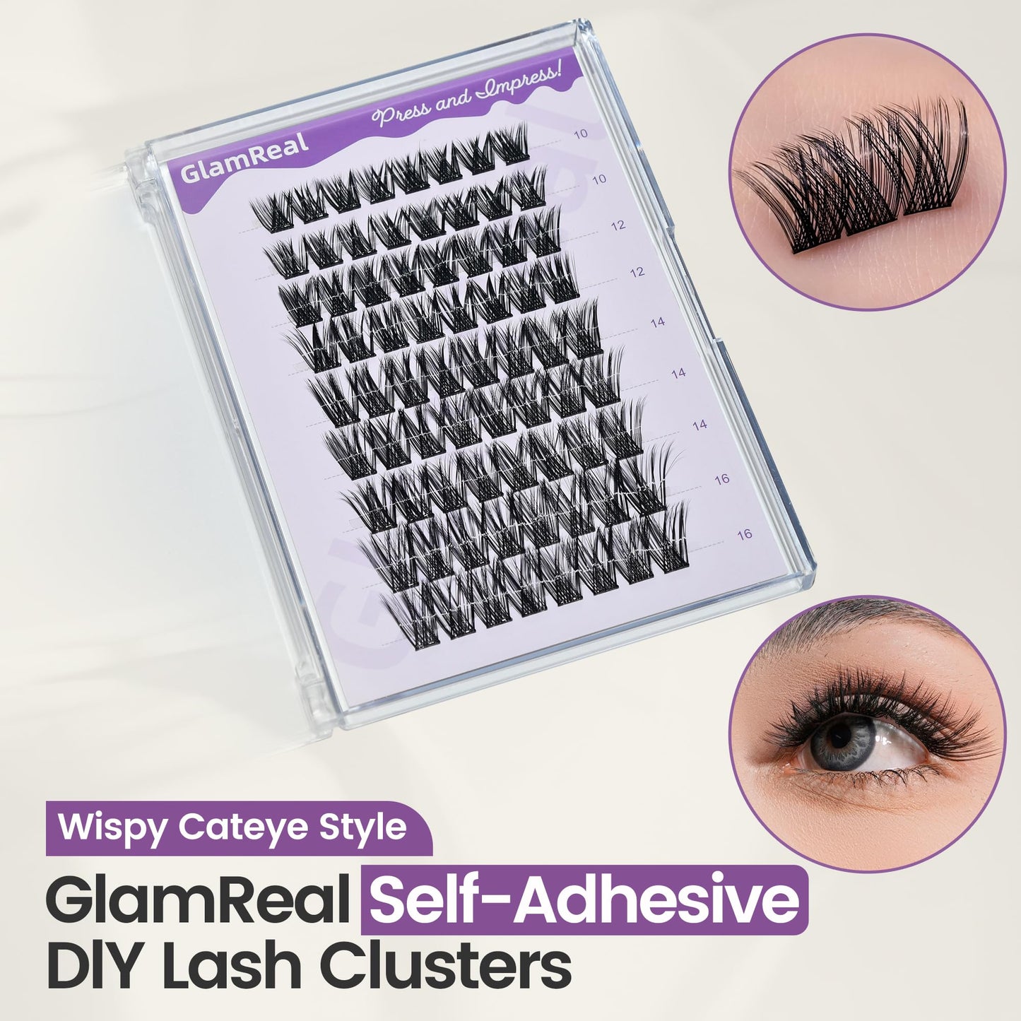 Press-On No Glue Needed Lash Clusters 72Pcs丨Self Adhesive Eyelashes 10-16mm丨Wispy Cateye Look丨Reusable & No Residue丨Beginner Friendly Extension Kit by GlamReal