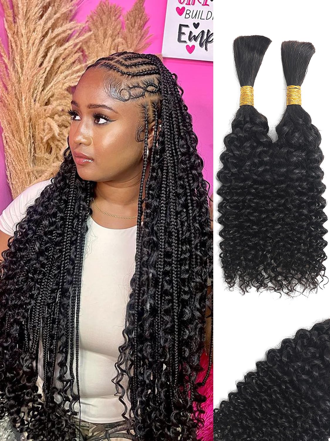 16Inch Human Braiding Hair Curly Human Hair Braiding Hair 100 Percent Human Braiding Hair For Boho Braids Bulk Human Hair For Braiding Wet Wavy 100g 2 Bundles No Weft Hair Extensions YNiSew