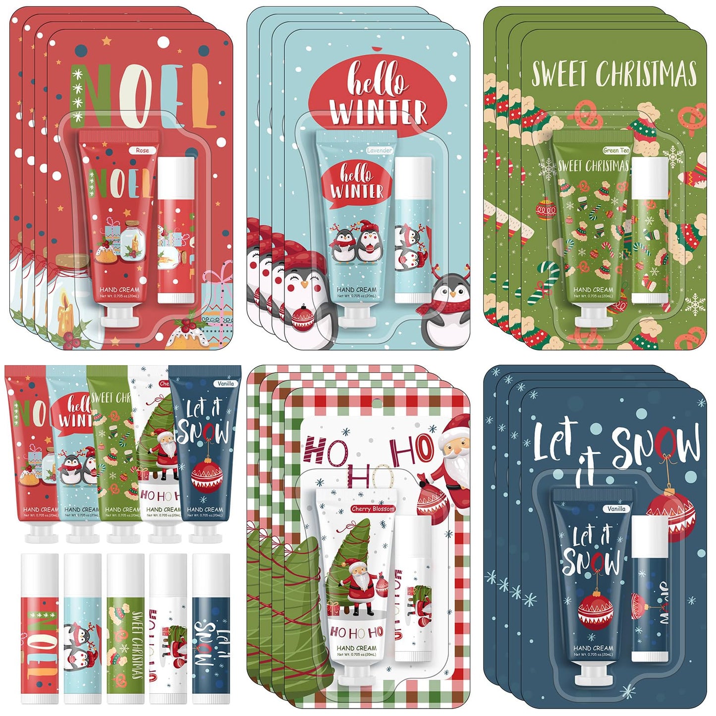 Heigble 30 Pcs Christmas Hand Cream and Lip Balm Gift Sets, Christmas Stocking Stuffers Travel Size Hand Lotion Lip Balm Xmas Party Holiday Gifts for Women Mom Staff Coworkers Adult Girls