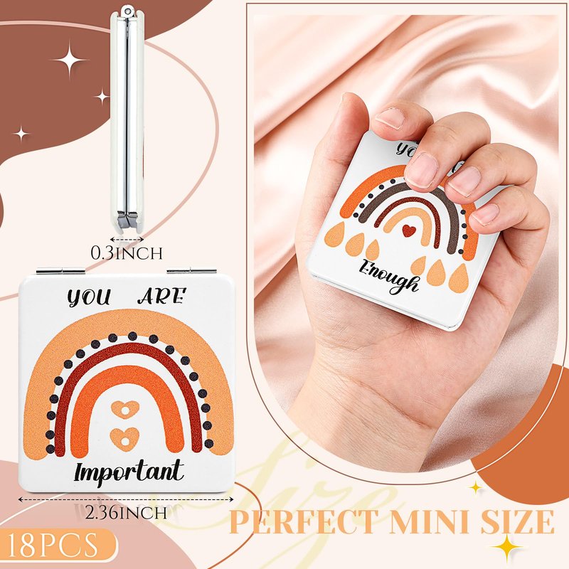 Suzile 18 Pcs Boho Rainbow Pocket Mirror Inspirational Compact Mirror Bulk Small Mirror for Purse Thank You Gifts for Women Employee Coworker Teacher Magnifying 1x/ 2X
