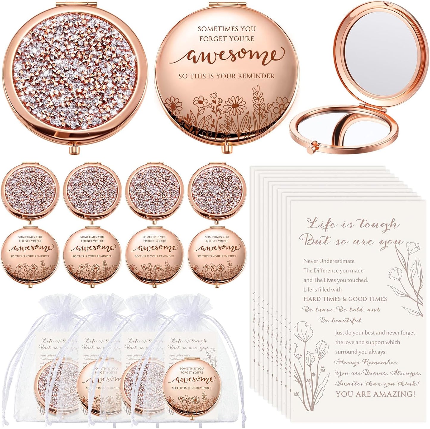 Inspirational Compact Mirror Set - 10 Double-Sided Folding Mirrors with Rhinestones | Perfect Mother's Day Gifts for Women