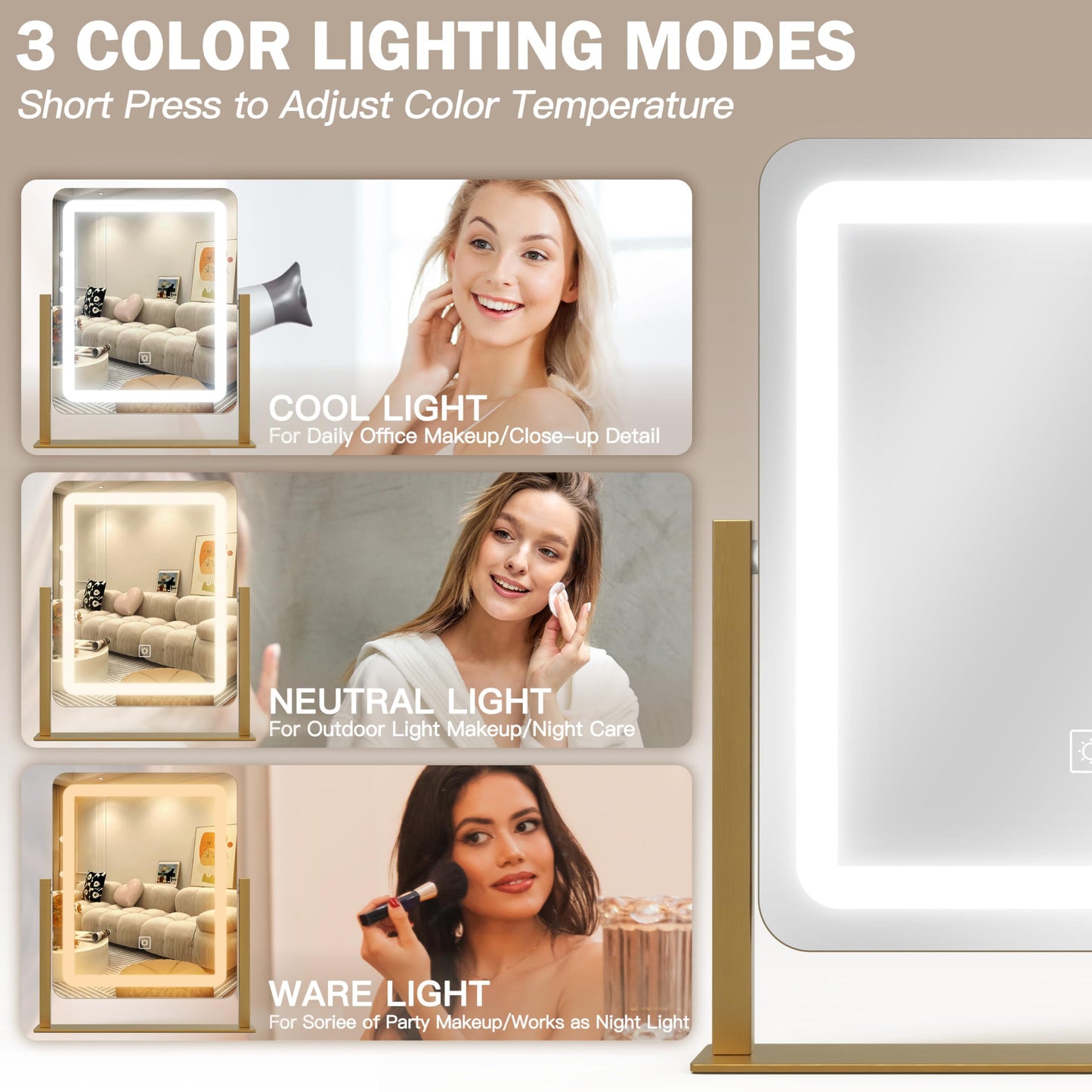ROLOVE Lighted Makeup Mirror with 3-Color Dimmable Lighting, with Removable 10x Magnifier, Smart Touch Control, 360° Rotation, 15" x 13" Hollywood Vanity Mirror for Tabletop Desk (Gold)