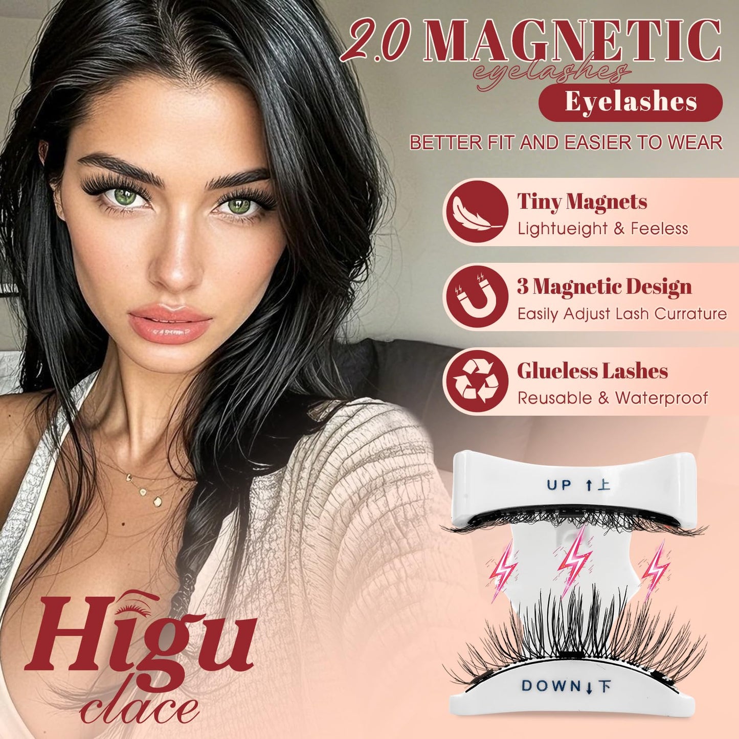 Higu clace Magnetic-Eyelashes with Applicator 2 Pairs Magnetic-Lashes Natural Look Wispy Magnet Lashes Easy to Wear and Remove（DJCX-A+C01）