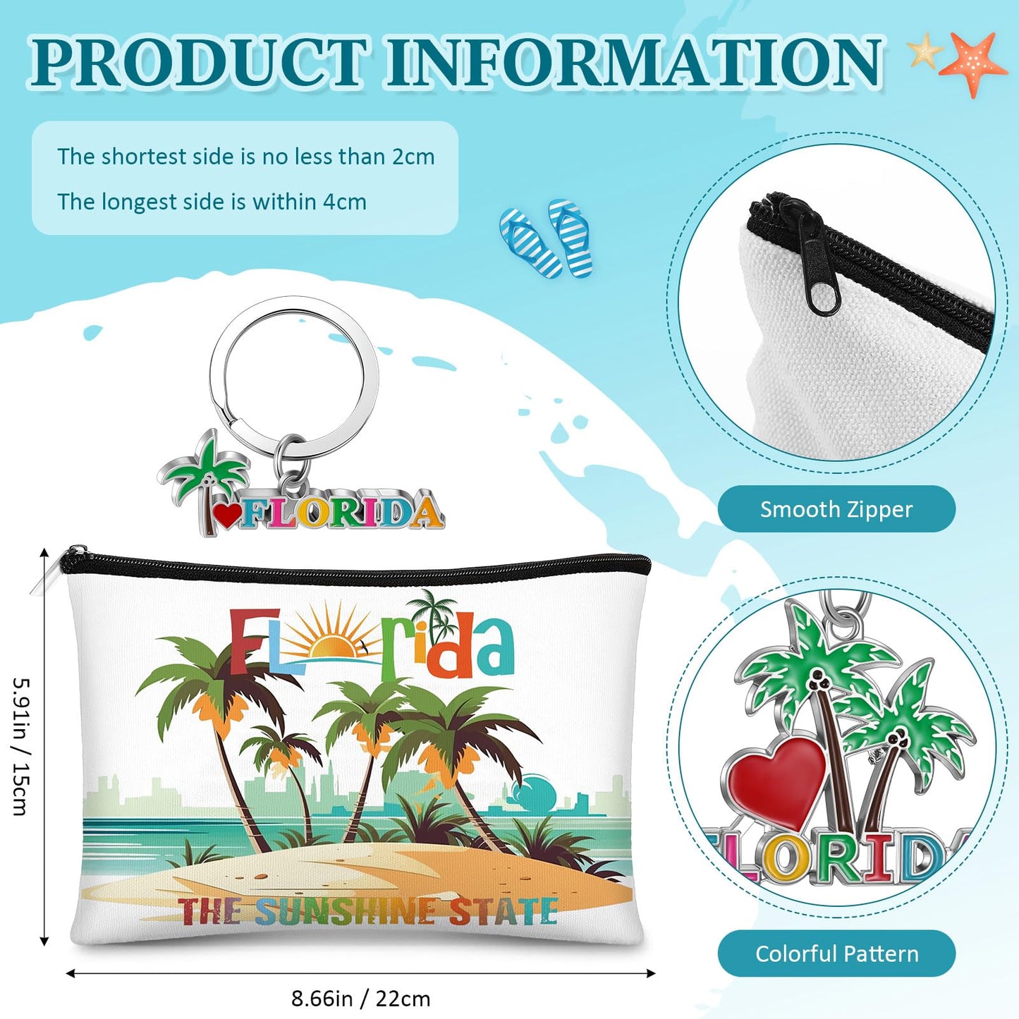 Reginary 24 Pcs State Souvenir Gifts 12 Metal Keychain 12 Cosmetic Bag USA Souvenir Themed Gifts for Traveler Christmas Party(Florida)