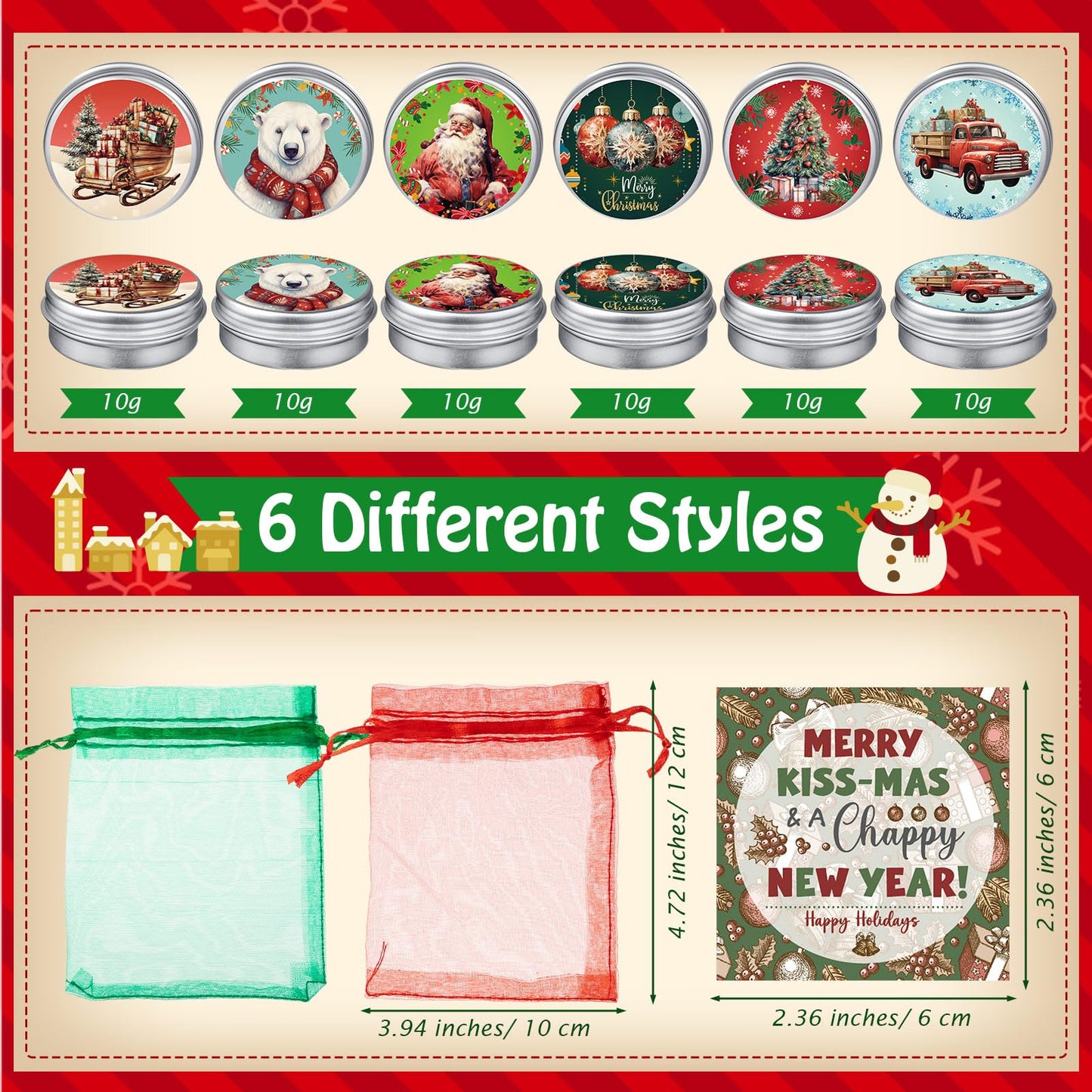 Heigble 24 Set Canned Christmas Lip Balms Set Round Honey Christmas Moisturizing Moisturizer Lip Care Balm Party Favors with Bag Card for Xmas Holiday Stocking Stuffers Employee Appreciation Gifts
