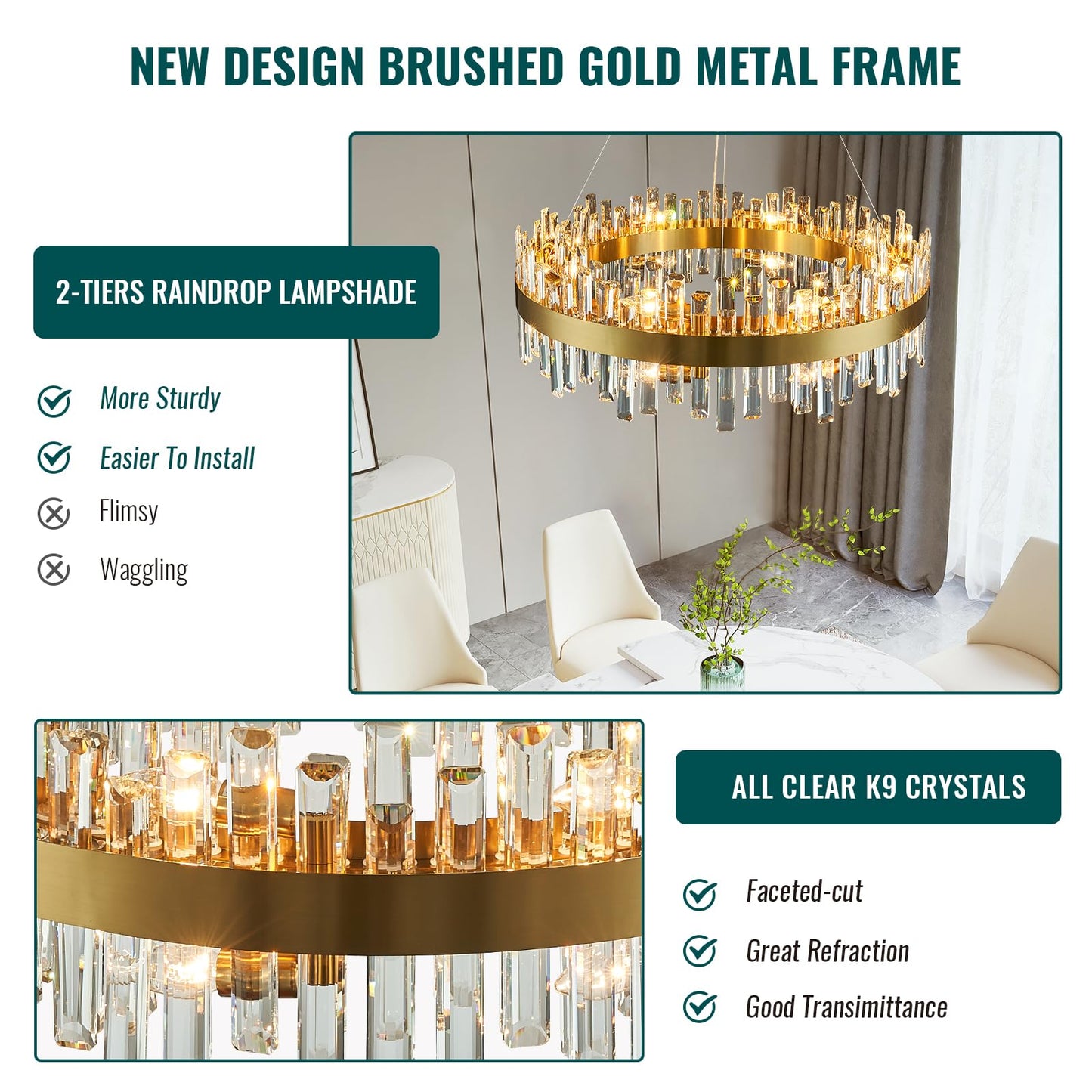 Siljoy Modern Crystal Chandelier, 16-Light Brushed Brass Gold 2-Tiers K9 Crystal Raindrop Chandelier, Luxury Large Crystal Chandelier Ceiling Light for Living Dining Room Entry Foye D31.5''
