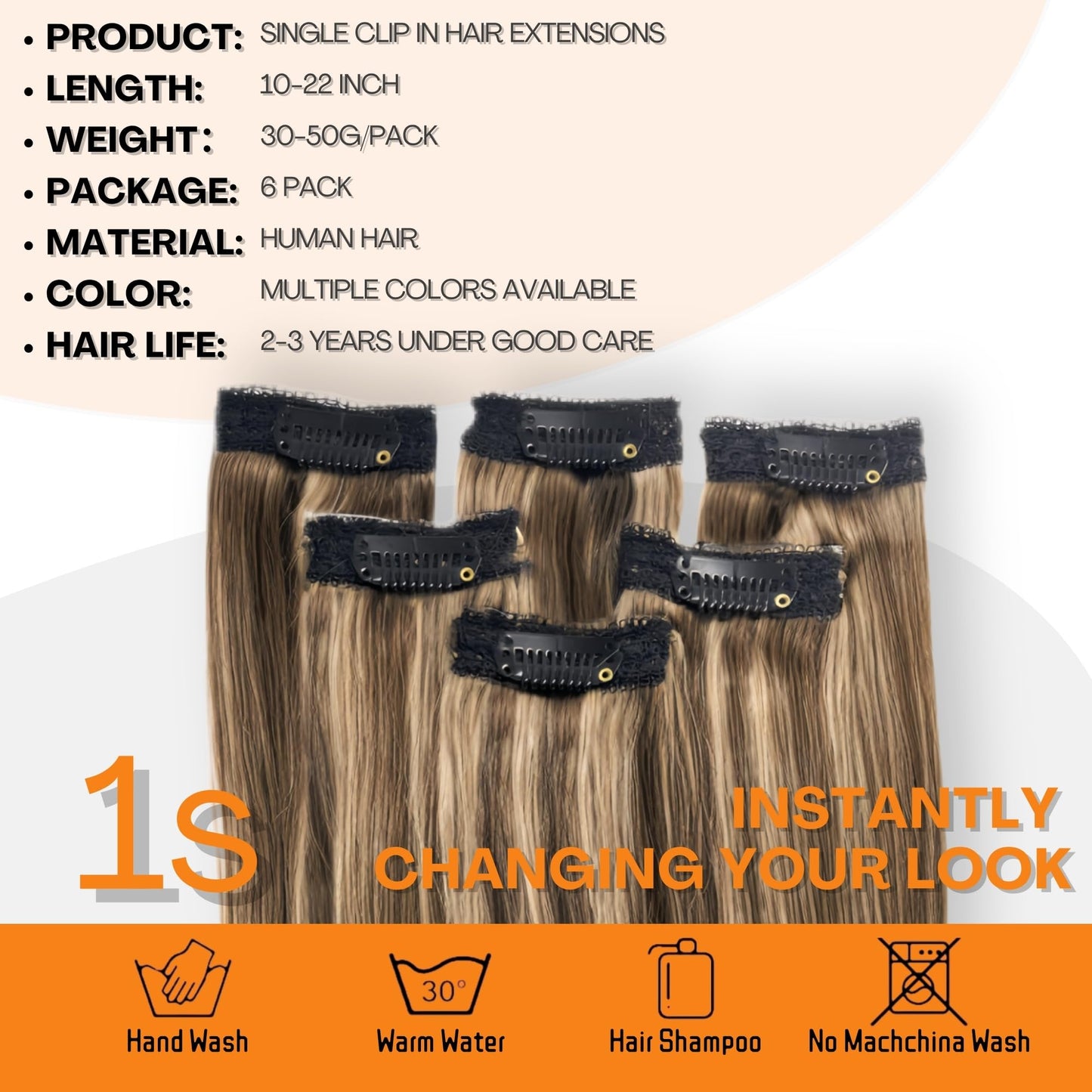 Single Clip In Hair Extensions Real Human Hair, Short Hair Extensions Clip Ins, Remy Balayage Highlight Seamless Hairpieces for Women 6 Pcs 12 Inch 33g Medium Brown Mixed Honey Blonde