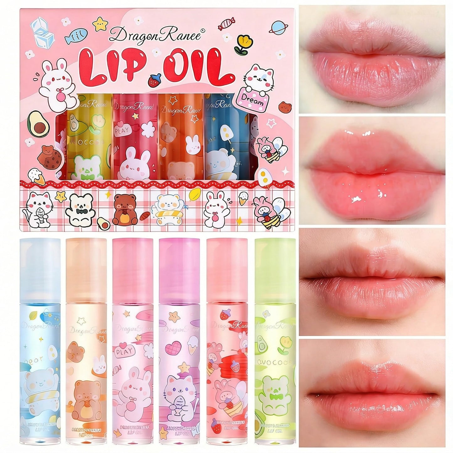 BIOKUSY 6 Pcs Fruit Flavored Roll-On Lip Gloss Set for Kids Teens Women