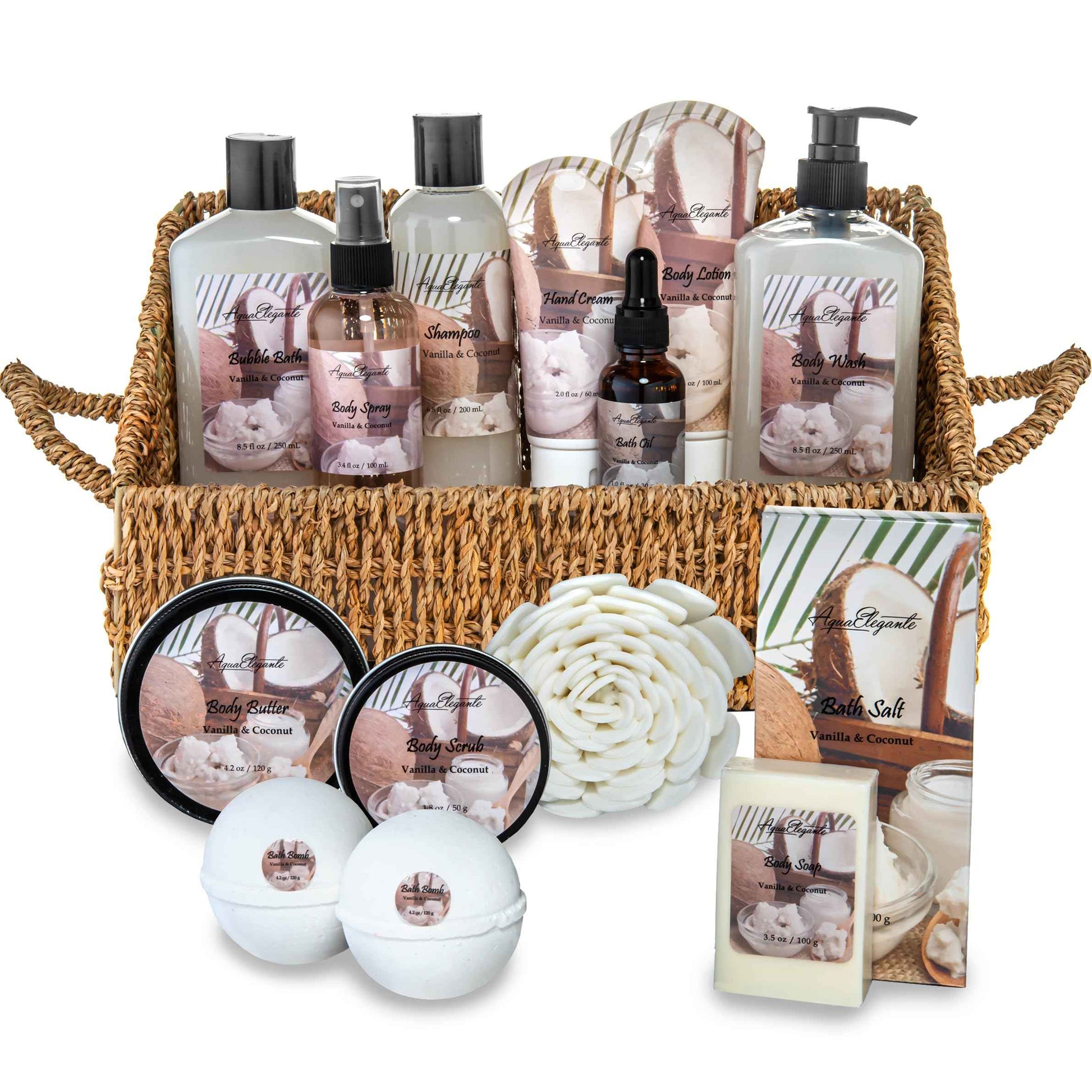 Bath Spa Gift Sets - Luxury Basket With Coconut & Vanilla - Spa Kit Includes Wash, Bubble Bath, Lotion, Bath Salts, Body Scrub, Shower Puff, Bathbombs, Soap in Wooden Basket
