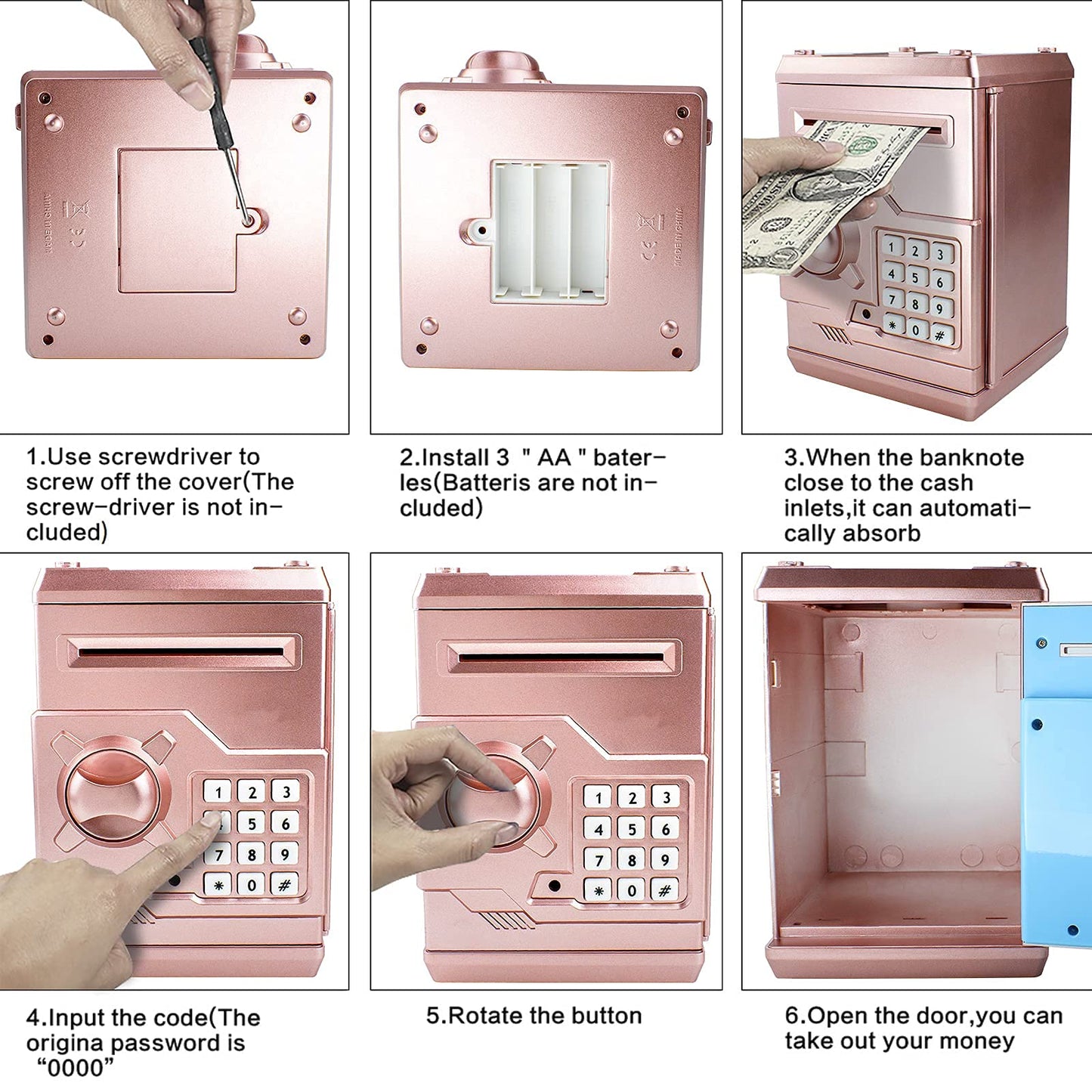 Suliper Electronic Piggy Bank Code Lock for Kids Baby Toy, Mini ATM Safe Coin Cash Banks Real Money Saving Box with Password, Auto Money Scroll for Children,Boys Girls Birthday Gift (Rose Gold)