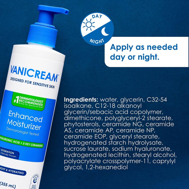 Vanicream Enhanced Moisturizer, 12 Fl Oz, Daily Body Lotion for Dry, Sensitive Skin, Clinically Tested 24Hr Hydration with Hyaluronic Acid, Glycerin & Ceramides, Formulated without Common Irritants