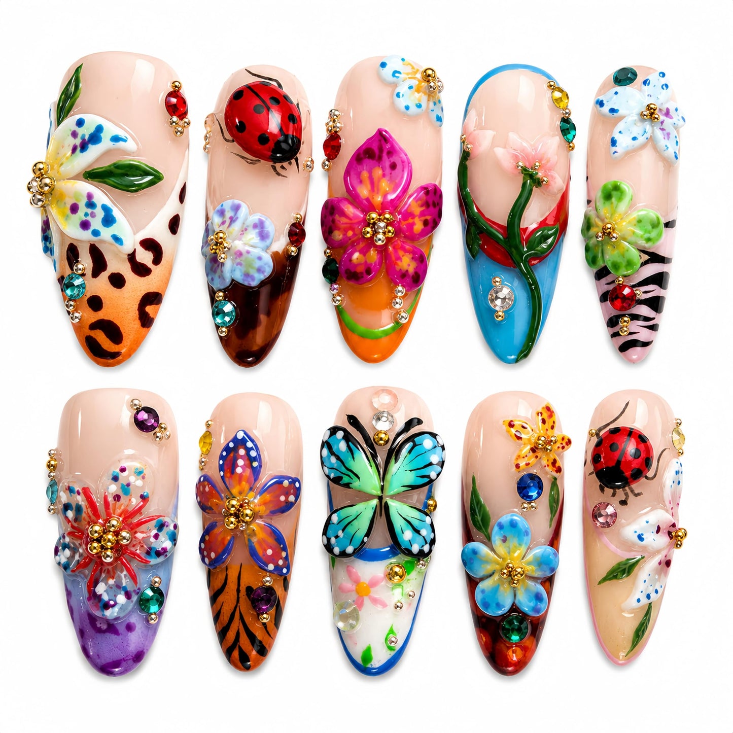 Handmade Acrylic Press On Nails Butterfly Cute Summer | Almond Nails Hand Painted 3D Floral | Reusable Vacation Style | Luxury Gift for Women (Long Almond & Size L) Headeer