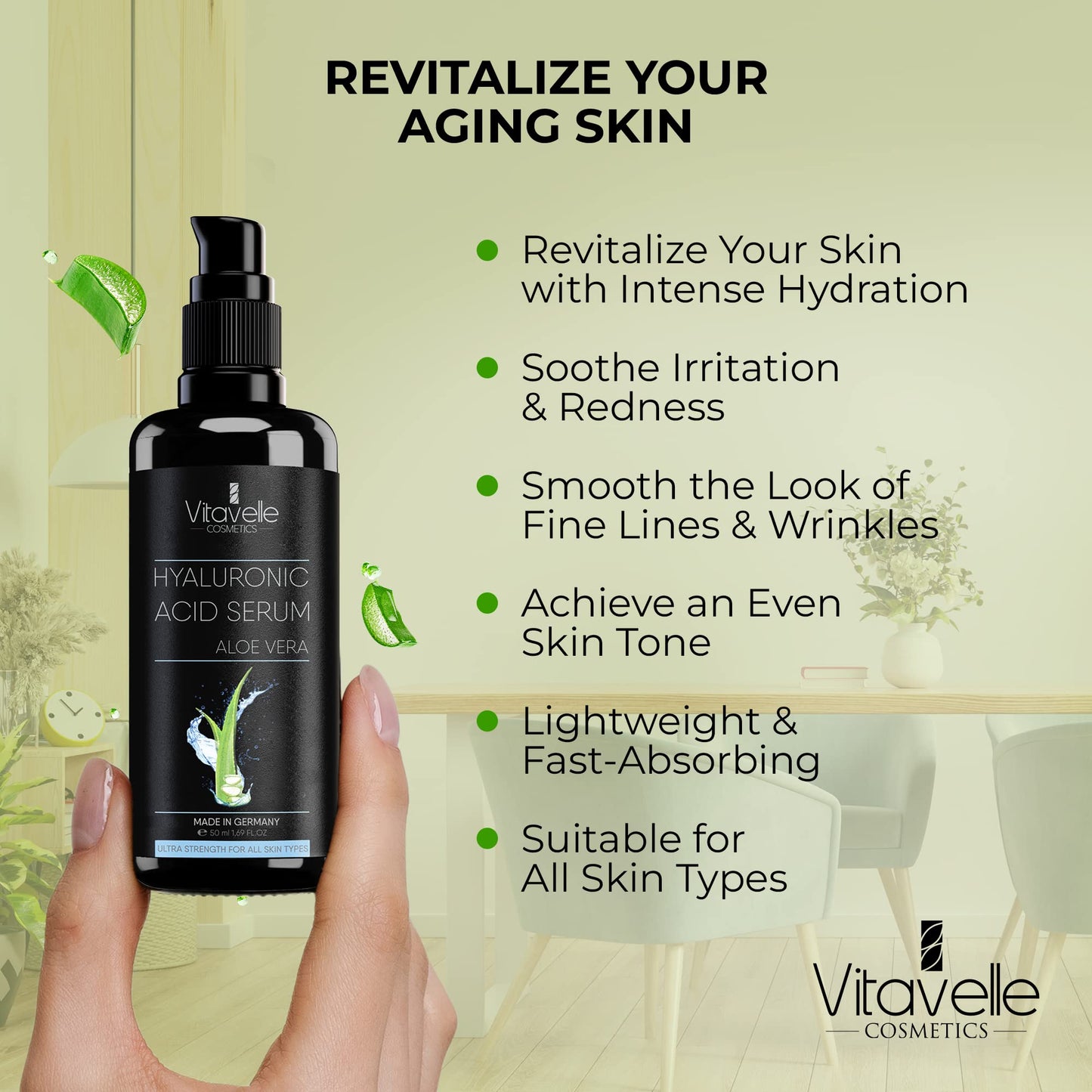 VITAVELLE Hyaluronic Acid Serum with Aloe Vera – Lightweight Hydrating Facial Serum for Smooth-Looking Skin (1.69 Fl Oz)