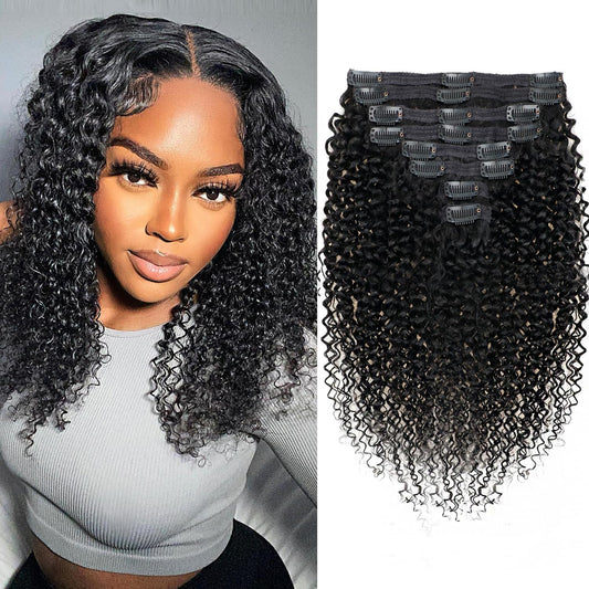3C 4A Kinky Curly Clip in Hair Extensions Human Hair for Black Women - 8Pcs 18Clips Double Weft Brazilian Remy Human Hair Thick to Ends 120G/4.2oz Natural Black (12 inch)