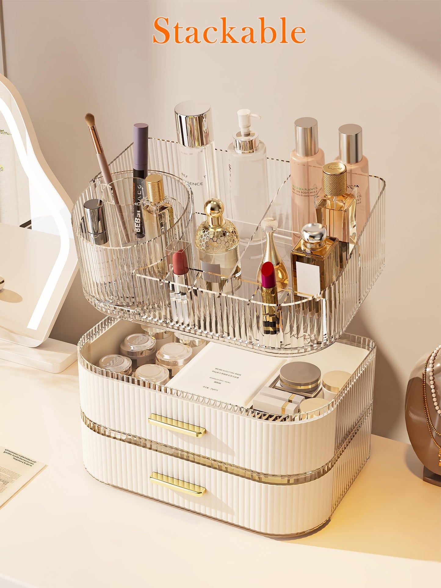 Makeup Organizer with Stackable Drawer, 360 Rotating Makeup Brush Holder, 11-inch Wide Large Cosmetic Display Case, Skincare Organizers and Storage for Vanity, Bathroom Countertop (1 Tray + 2 Drawer)