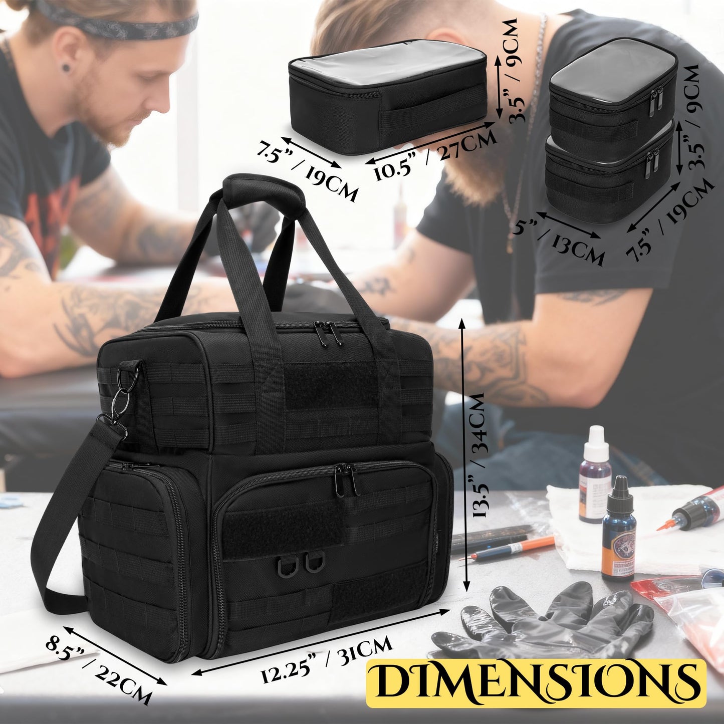 FURIMETY Large Tattoo Travel Case with 3 Inner Removable Pouches, Molle System Tattoo Bag for Equipment and Supplies, Tactical Tattoo Case with Shoulder Strap for Stencil Printer, Black