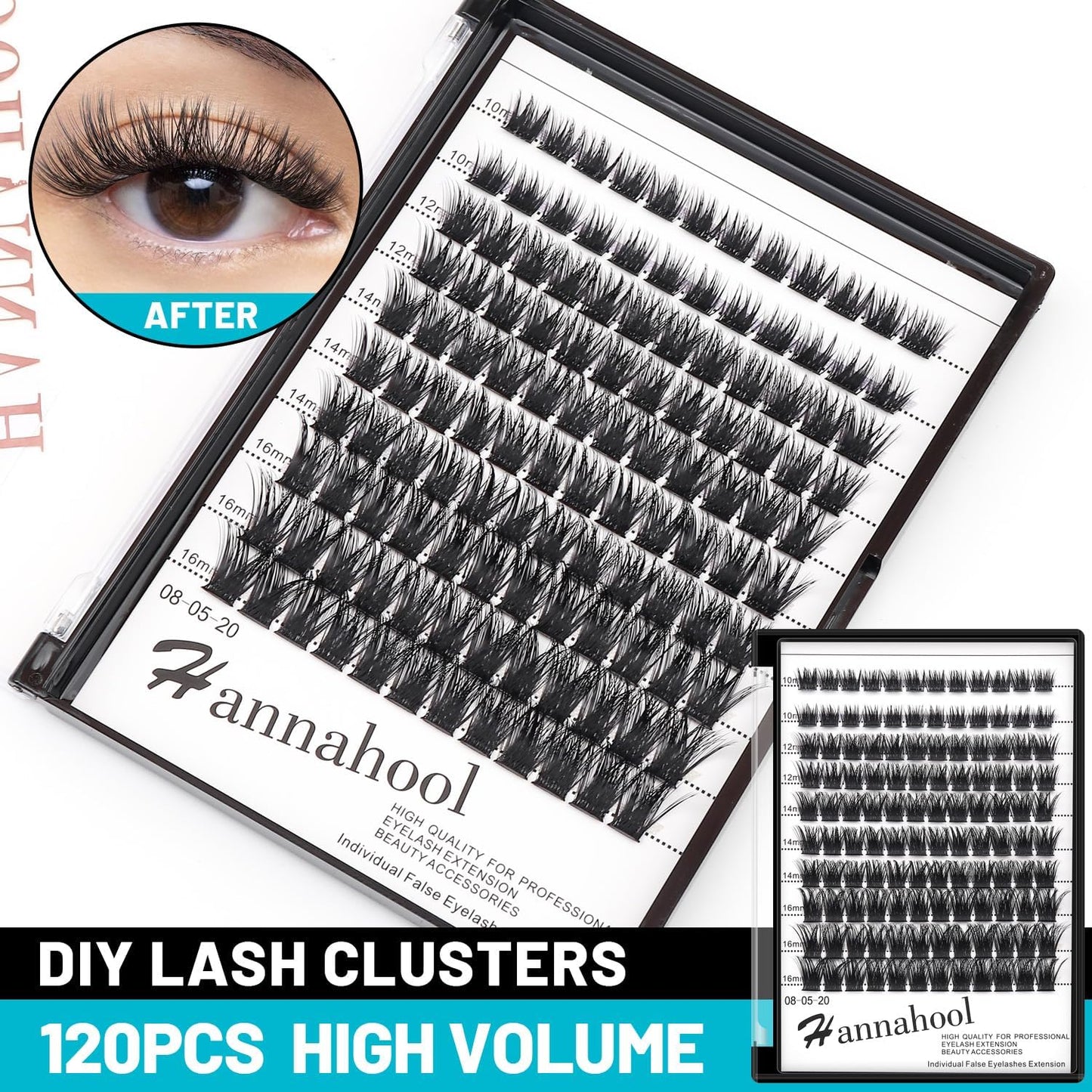 Hannahool10Rows Mixed 10-12-14-16mm /8-10-12-14mm Individual False Eyelashes D Curl Wide Stem Makeup Cluster Eyelashes Natural Volume Eye Lashes Extensions (HD-lashes kit-10-12-14-16MM Mixed)