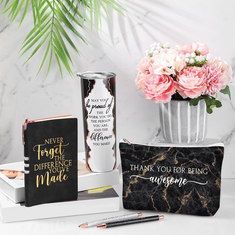Domensi 6 Pcs Employee Appreciation Gift for Women Teacher Cna Week Thank You Gift May You Be Proud 20 oz Rustic Marble Sign Tumbler Makeup Bag Journal for Graduation Work Business(Black)