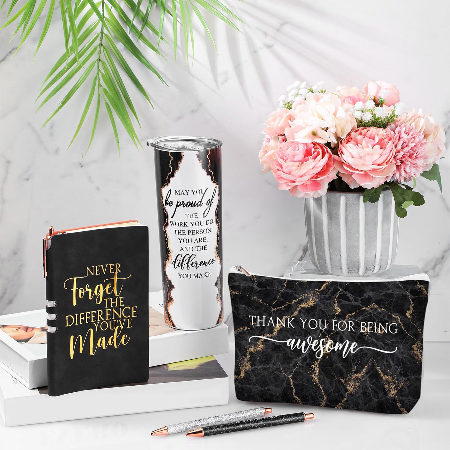 Domensi 6 Pcs CNA Week Thank You Gift Employee Appreciation Gift for Women Teacher May You Be Proud 20 oz Rustic Marble Sign Tumbler Makeup Bag Journal for Graduation Work Business(Black)
