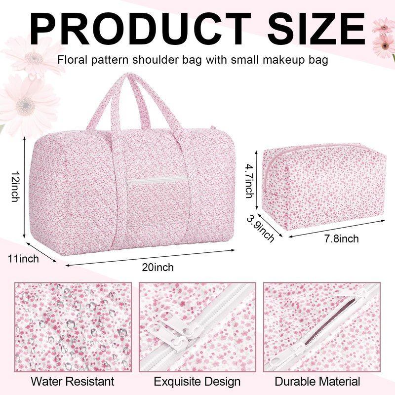 Bulyoou 2 Pack Floral Travel Duffel Bag Large Quilted Travel Duffle Bag and Floral Makeup Pouch Portable Gym Lightweight Weekender Organizer with Zipper Pockets Grocery Pouch for Women(Pink)