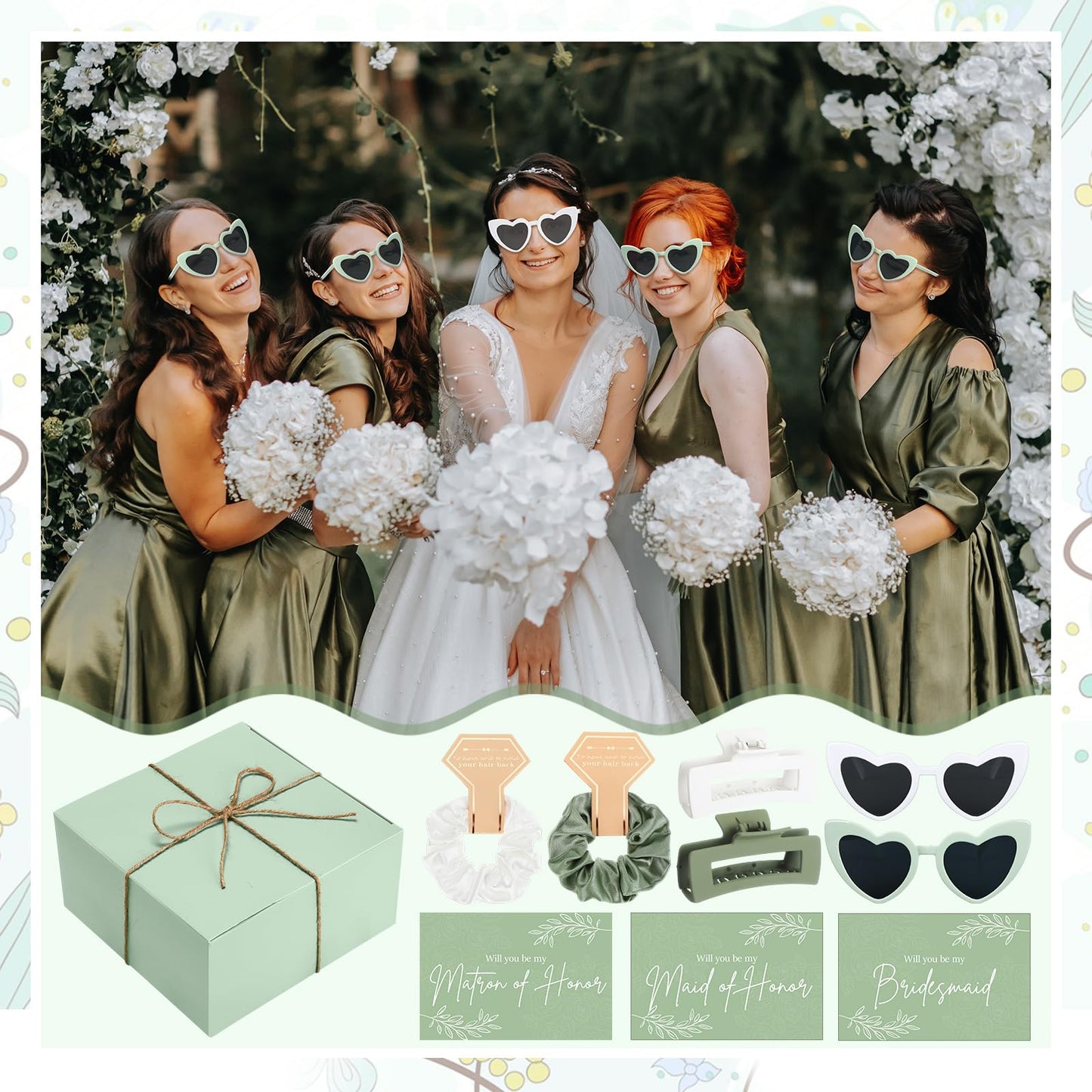 Geiserailie 40 Pcs 8 Set Bridesmaid Proposal Gifts Will You Be My Bridesmaid 4.1in Square Hair Claws Heart Sunglasses(Green)