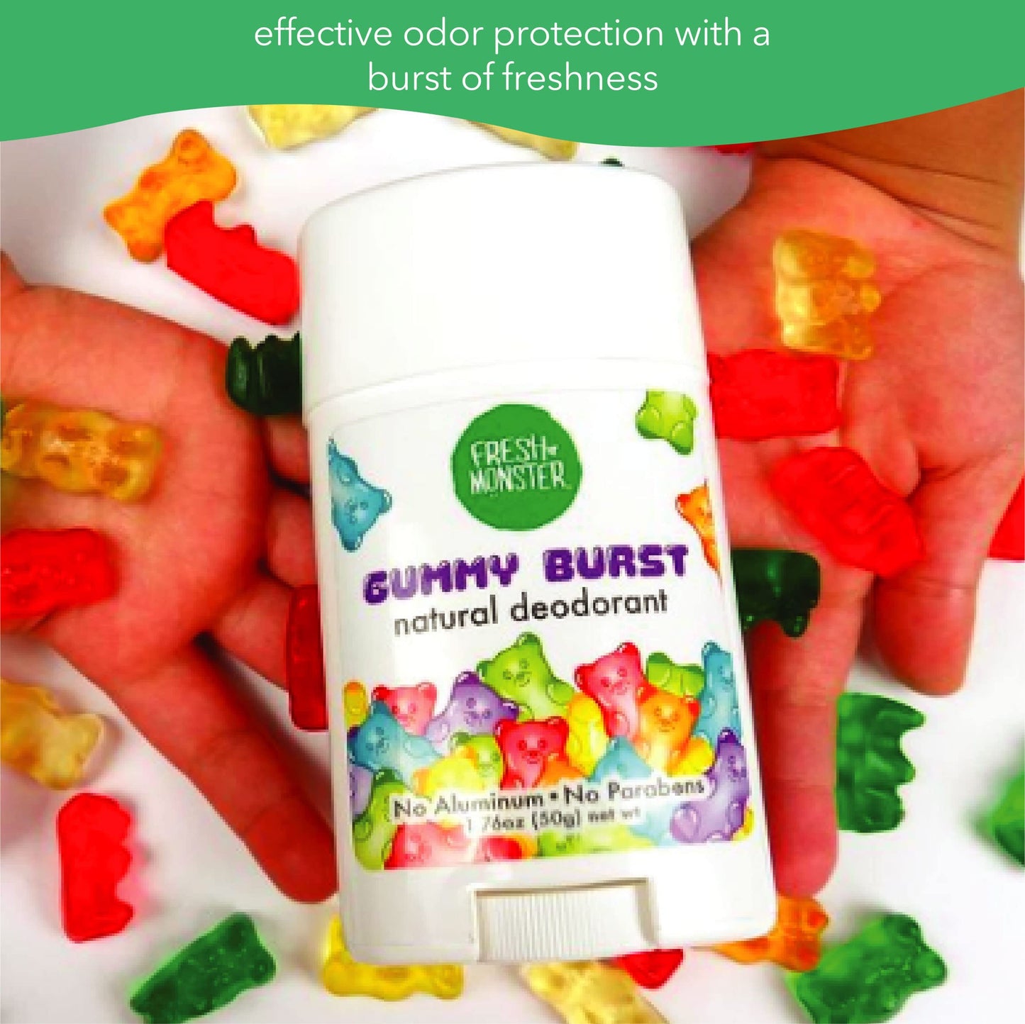 Fresh Monster Natural Deodorant for Kids & Teens I Mom's Choice Gold Award Winner | Aluminum-Free, Paraben-Free, Hypoallergenic I 24-Hour Protection I Gummy Burst Scent I 1.76 oz (3)