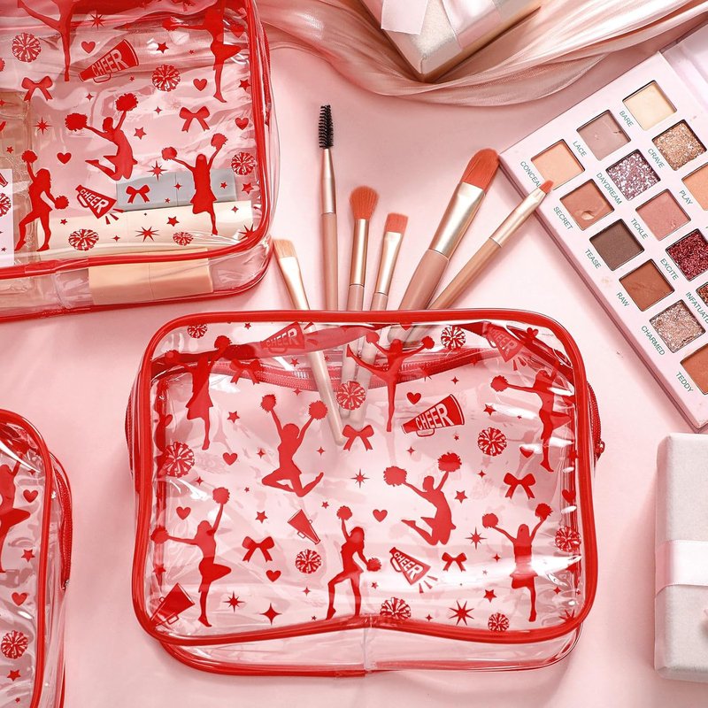 Clear PVC Makeup Bag for Cheer Teams - 20 Pcs Zipper Pouch | 7.9 x 5.9 x 2.4'' Red