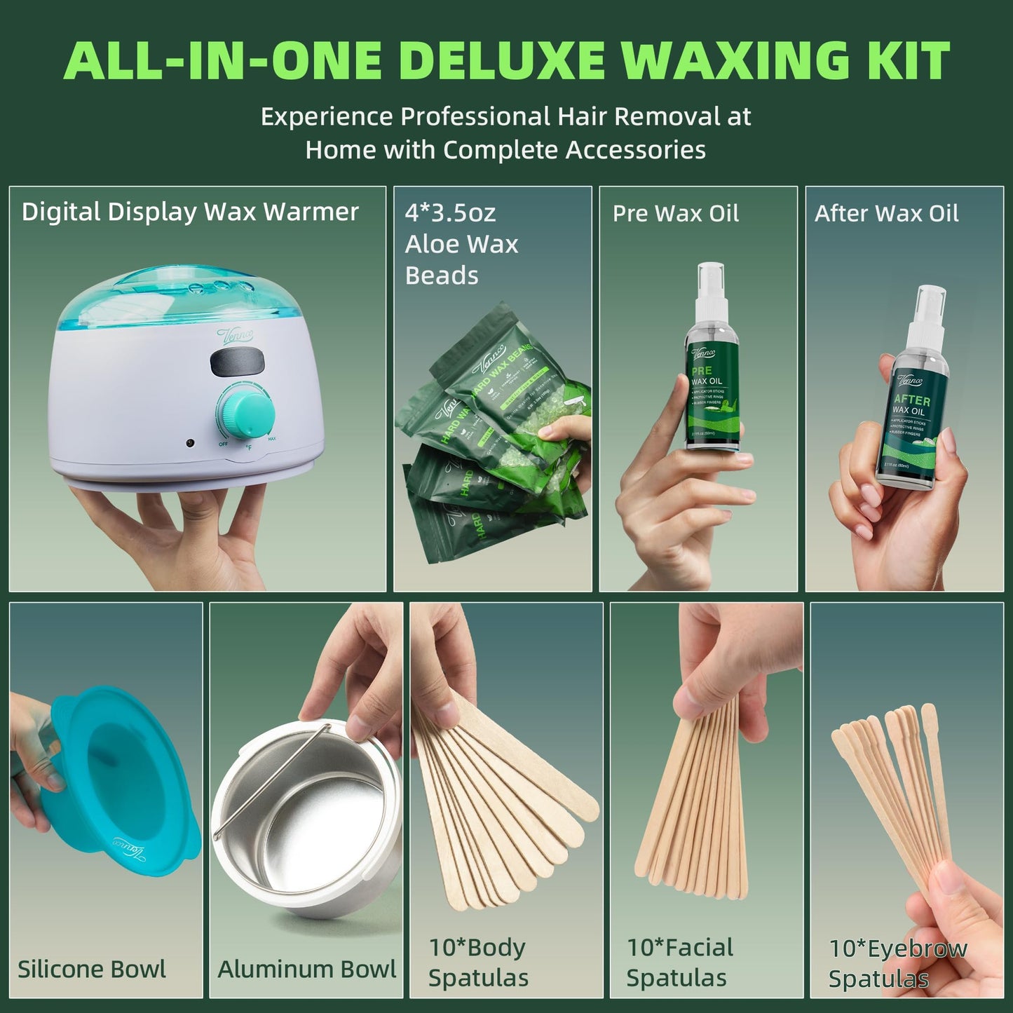 VENNCO Waxing Kit for Women Men - Premium Digital Wax Melt Warmer Kit for Sensitive Skin Coarse Hair Removal - 14oz Hard Wax Beads & Silicone Liner - for Bikini Brazilian Body Face Leg - Home Wax Kit