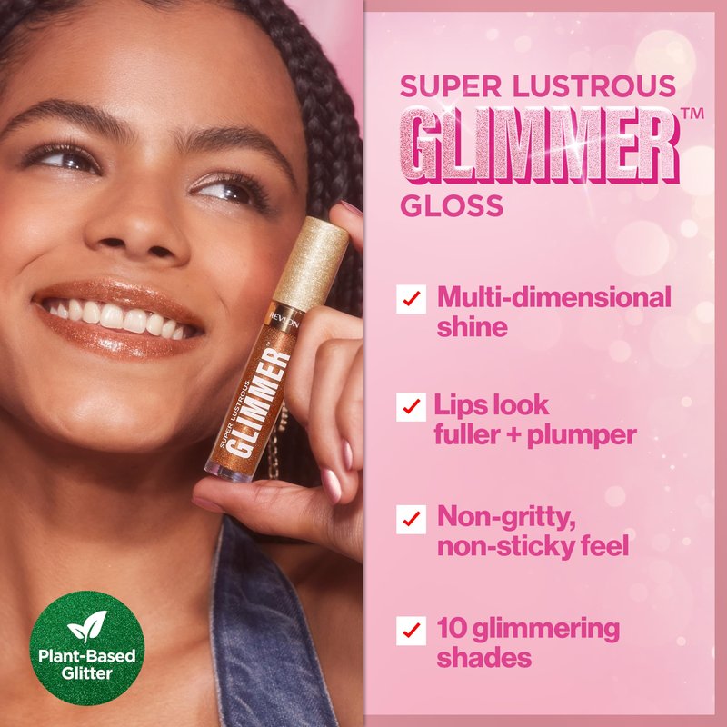 REVLON Super Lustrous Glimmer Gloss, Non-Sticky Hydrating Lip Gloss, High-Shine Sheer Shimmery Finish, Plant-Based Glitter, 005 Glazed Almond, 0.13 fl oz