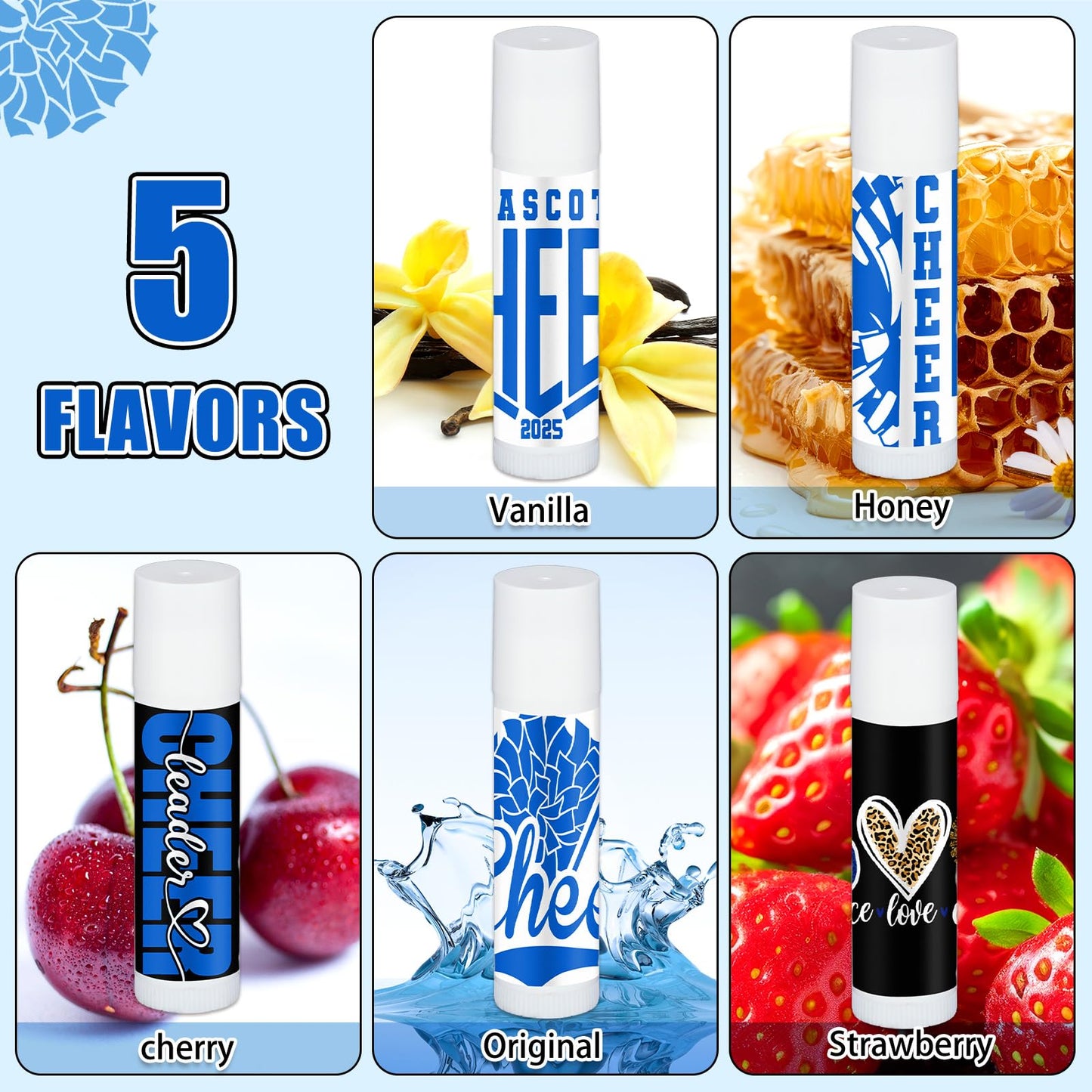 Loopeer 30 Pcs Blue Cheers Lip Balm Cheer Teams Gifts Bulk Cheerleaders Party Stuff Cheerleading Camp Gifts Bulk for Cheerleaders Party Favors Stocking Stuffers