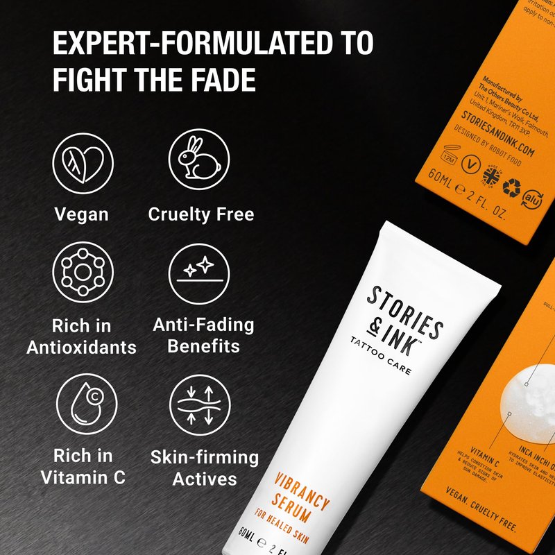 Stories & Ink Tattoo Care | VIBRANCY SERUM for Healed Tattoos | Brightening Treatment to Enhance Ink Color & Restore Faded Tattoo Pigment, Lightweight Hydrating Aftercare, 60 mL / 2 Fl Oz