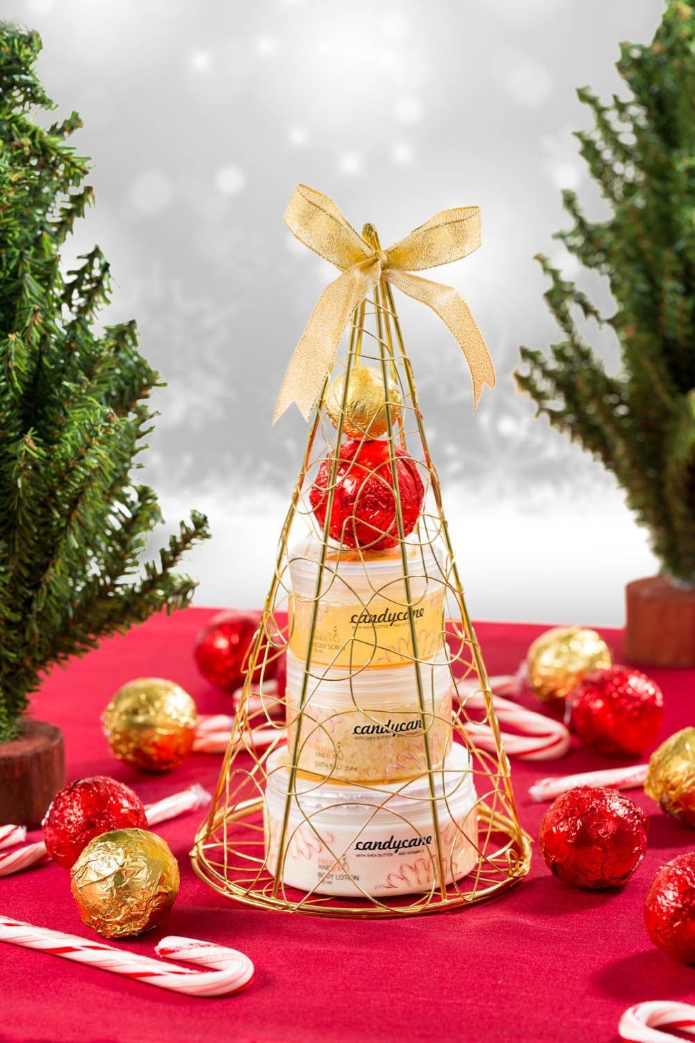 Spa Bath & Body Gift Set C&y Cane Peppermint Fragrance Gold Tree Display Includes 2 Bath Bombs, Body Lotion, Shower Gel, Bath Salt – Mother's Day Gift for Mom