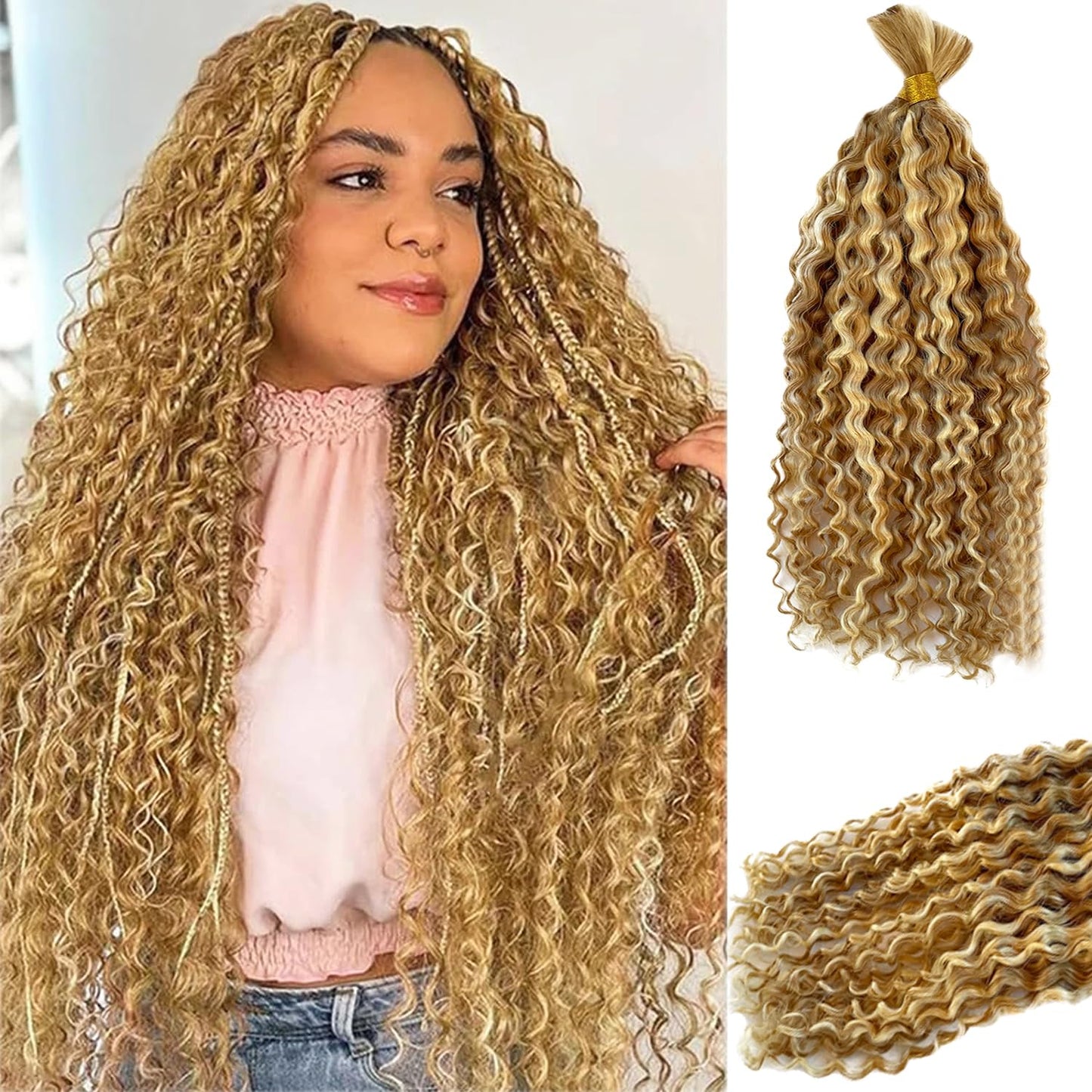 Water Wave Bulk Human Hair for Boho Knotless Braids 18 Inch Ombre Color Strawberry Blonde with Bleach Blonde Highlights No Weft 2 Bundles 100G Deep Curly Micro Extensions for Braiding