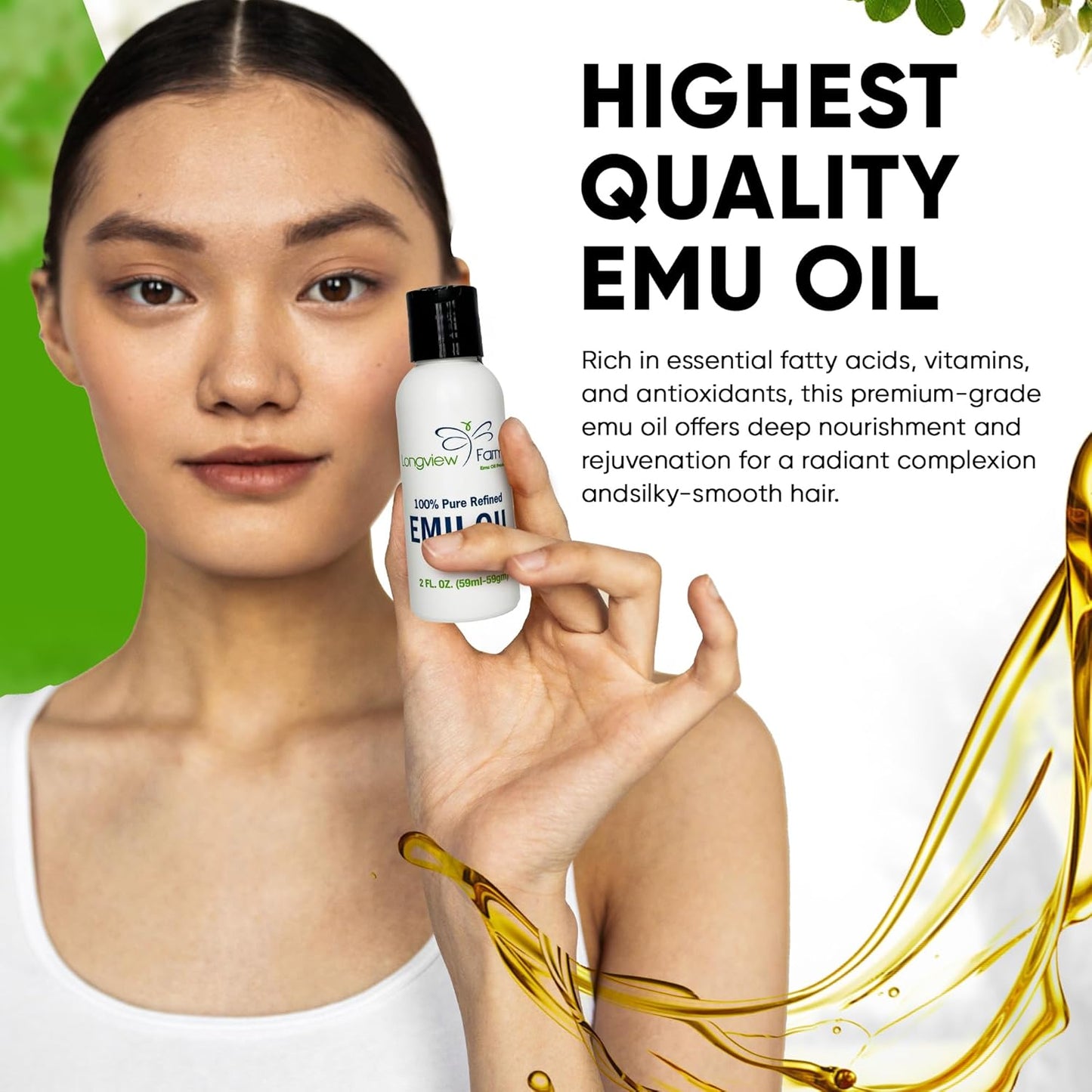 Emu Oil for Hair and Body - 100% Pure & Refined Hydration | Premium Skin & Hair Care | 2 Fl. Oz