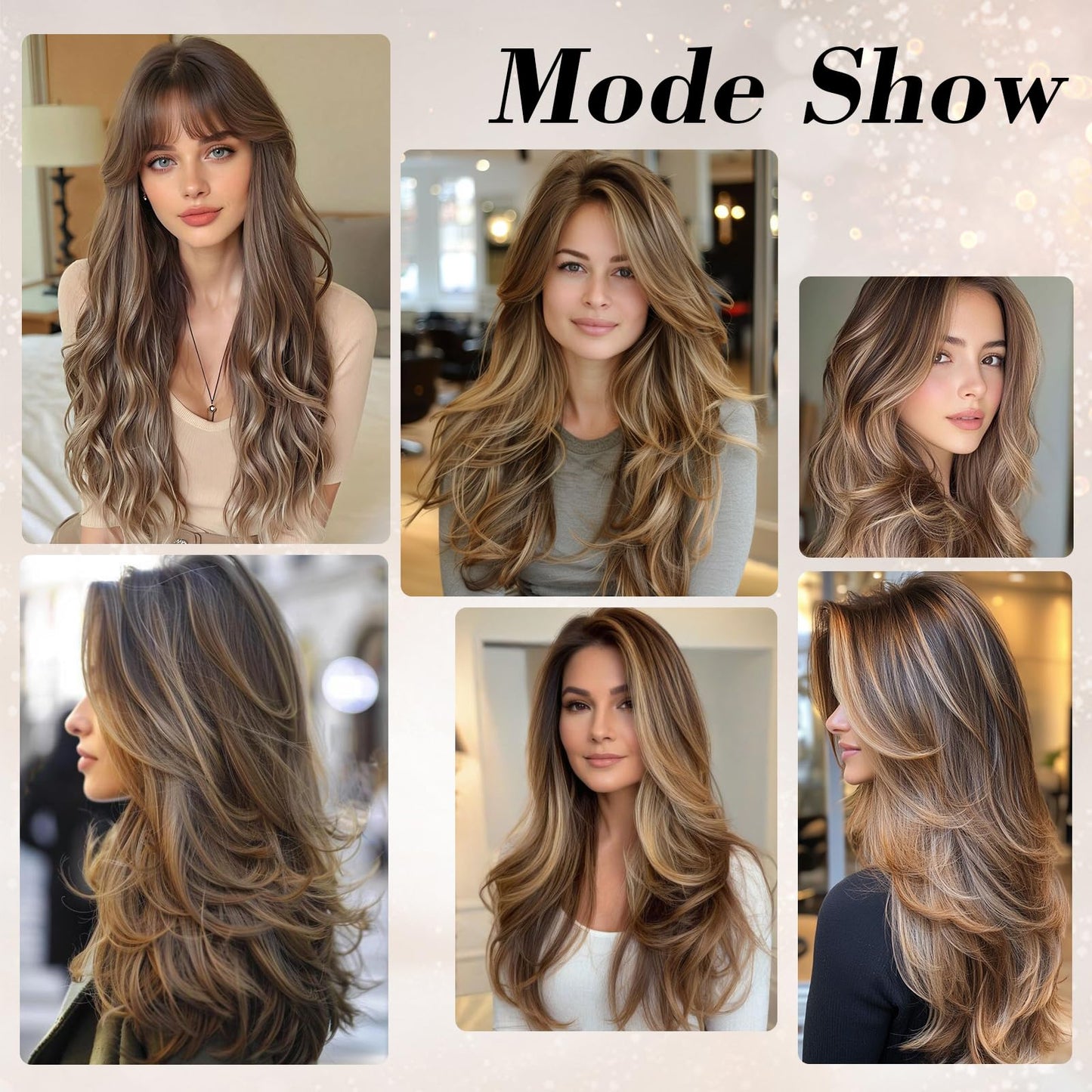 Light Brown With Curtain Bangs Wigs for Women 26inch Long Brown Mixed Blonde Layered Wig with Dark Roots Middle Parting Synthetic Hair Natural Looking for Daily Party Use(Highlight Brown)