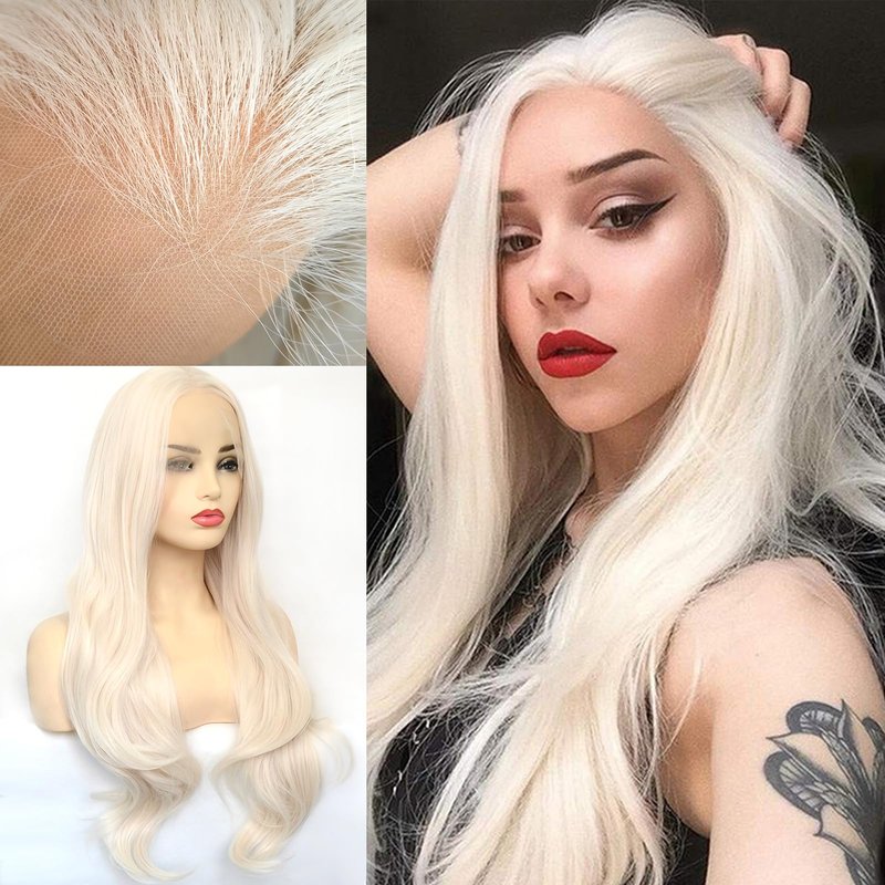 BLUPLE Platinum Blonde 13x3.5 Lace Front Wig Long Natural Wavy 60# Blonde Heat Resistant Synthetic Hair Replacement Full Wigs Middle Part for Women 22 Inch