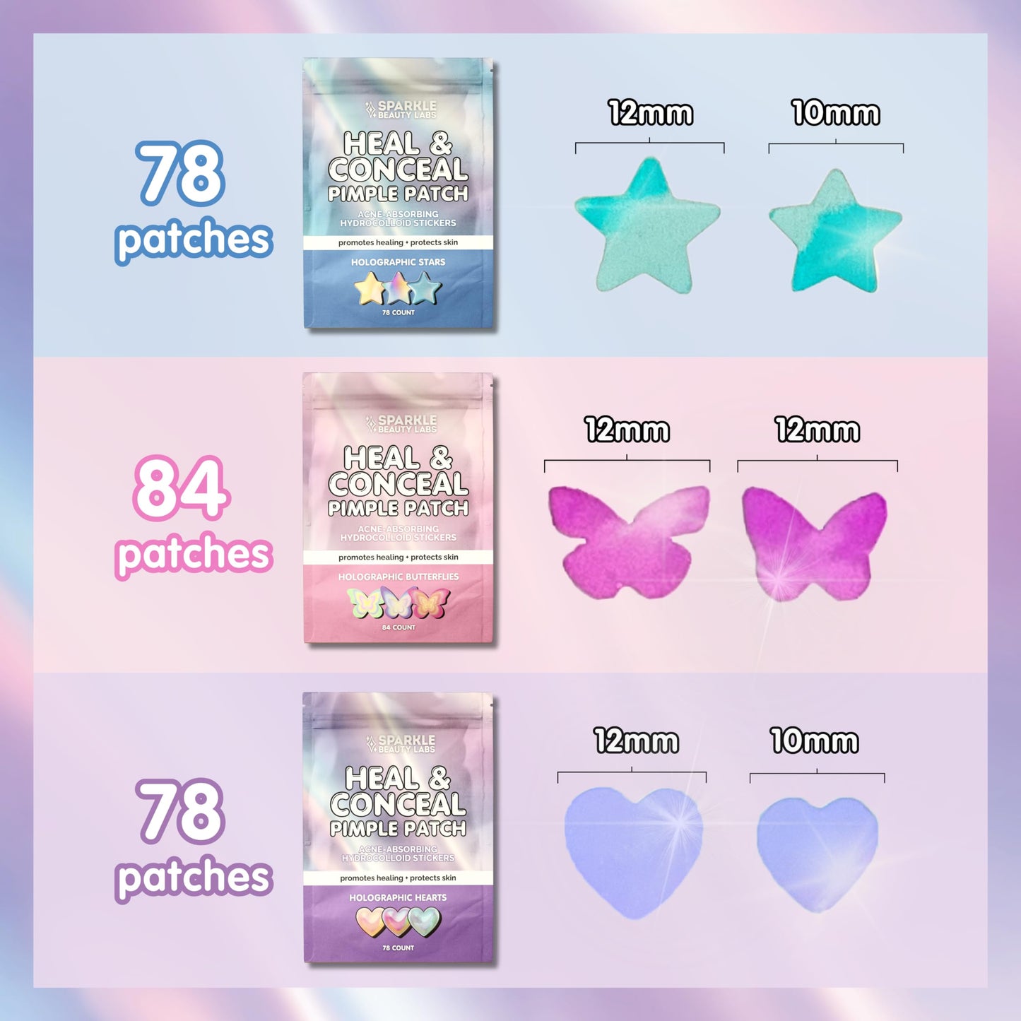 Sparkle Beauty Labs Heal & Conceal Holographic Cute Pimple Patch Bundle (240 Count) Iridescent Star, Heart & Butterfly Shaped Hydrocolloid Acne Patches for Face, Fun Hydrocolloid Zit Stickers