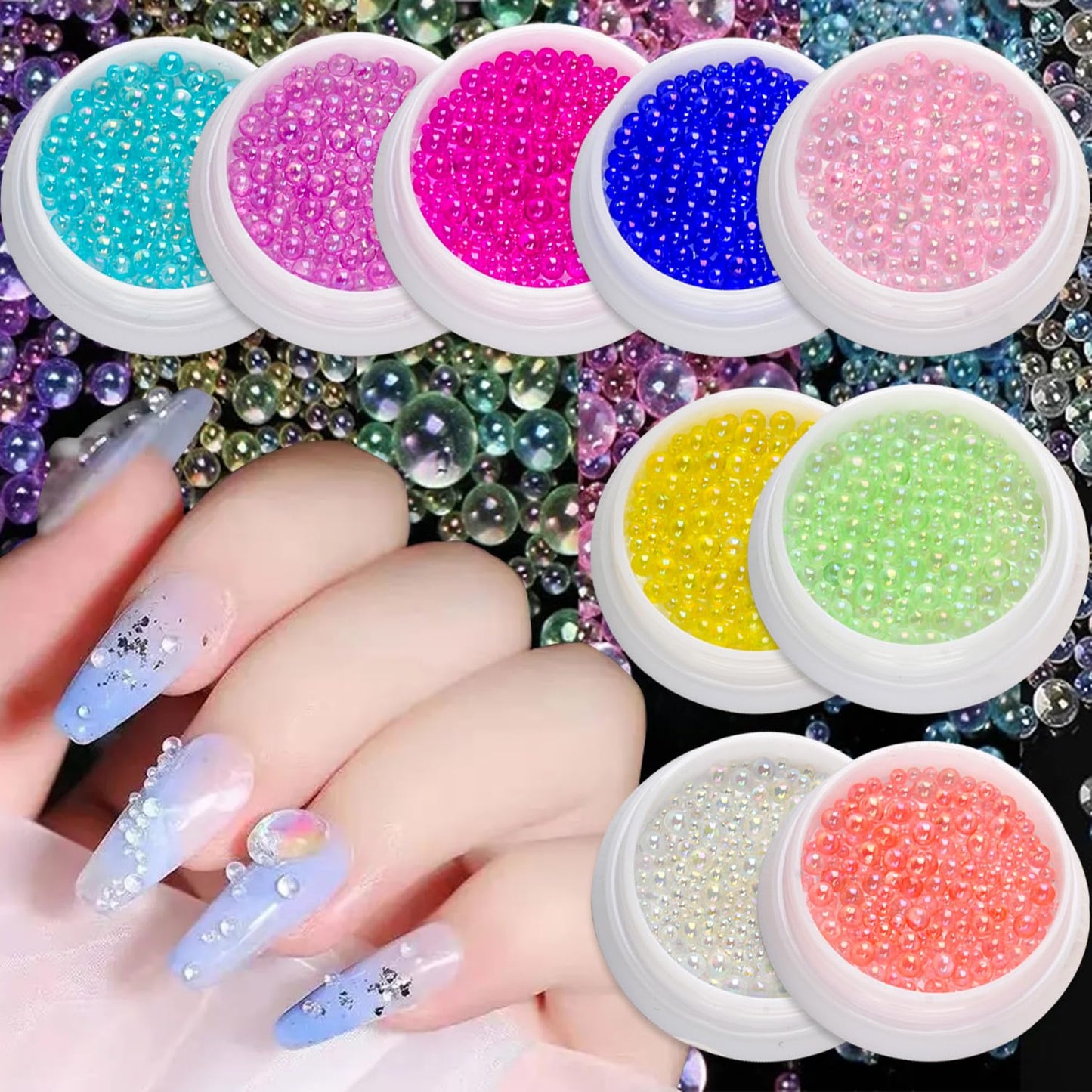 SILPECWEE 9 Boxes Mermaid Bubble Beads for Nails, Iridescent Circular Nail Rhinestones Aurora Caviar Beads Nail Pearl Crystal Diamond 3D Nail Charms Nail Decorations for Makeup DIY Accessories
