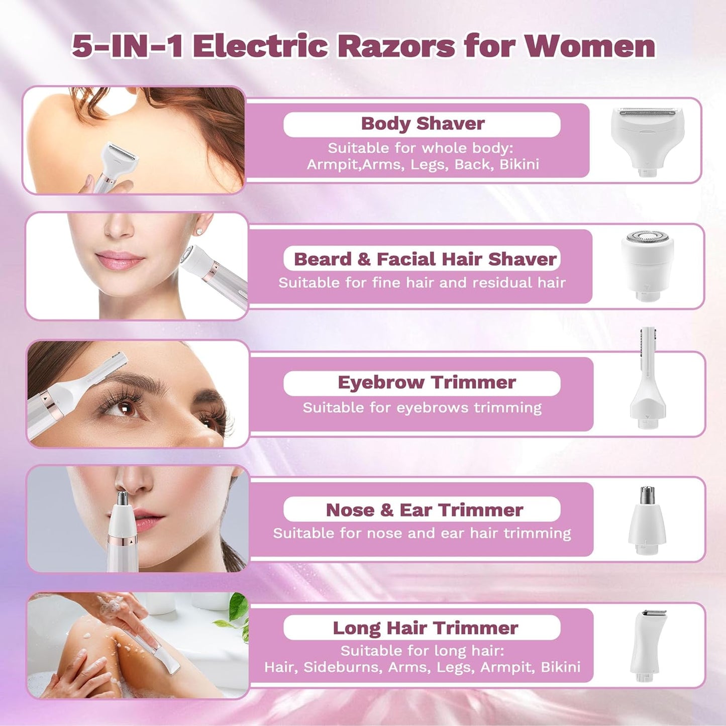 Electric Razors for Women - 5-in-1 Bikini Trimmer & Wet/Dry Shaver | Face, Nose, Eyebrow, Arms, Legs, Pubic Area Hair Removal