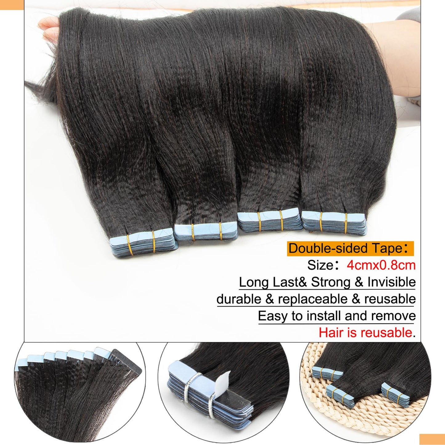 FEIPRO 18 Inch Tape in Hair Extensions Real Human Hair Light Yaki Straight Tape ins for Black Girls Women add Hair Length &Volume Invisible Seamless Skin Weft Thick Soft #Natural Black 40g 20pcs/Pack
