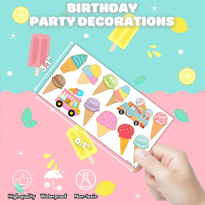 Ice Cream Temporary Tattoos for Kids - 10 Sheets (100 PCS) Sweet Treat Theme Fake Tattoos, Waterproof Stickers for Birthday Party Favors, Carnival Prizes, Goodie Bag Stuffers for Boys & Girls