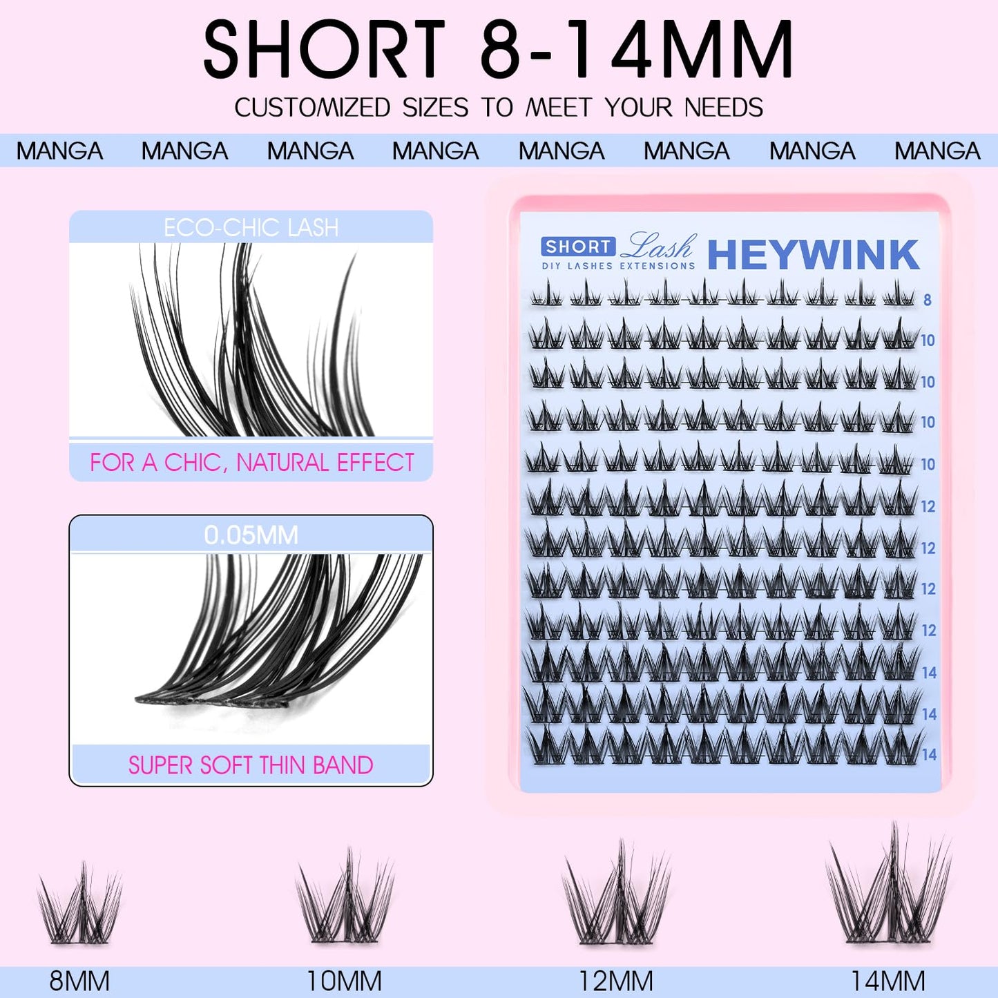 Manga Lash Clusters Kit Natural Lashes Clusters Short 8-14mm CC Curvature Lash Extension Kit Eyelash Extension Wispy Lash Clusters Individual Lash Wispy Eyelashes Clusters(Manga Short Kit)