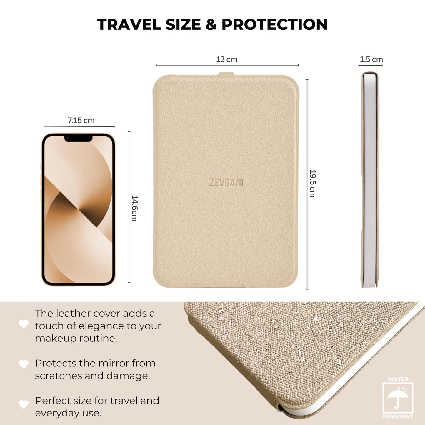 ZEVGANI Travel Lighted Makeup Mirror, 3-Color Dimmable LED Lighting, USB Rechargeable Light up Portable Tabletop Folding Vanity Cosmetic Mirror, Leather Cover Beige