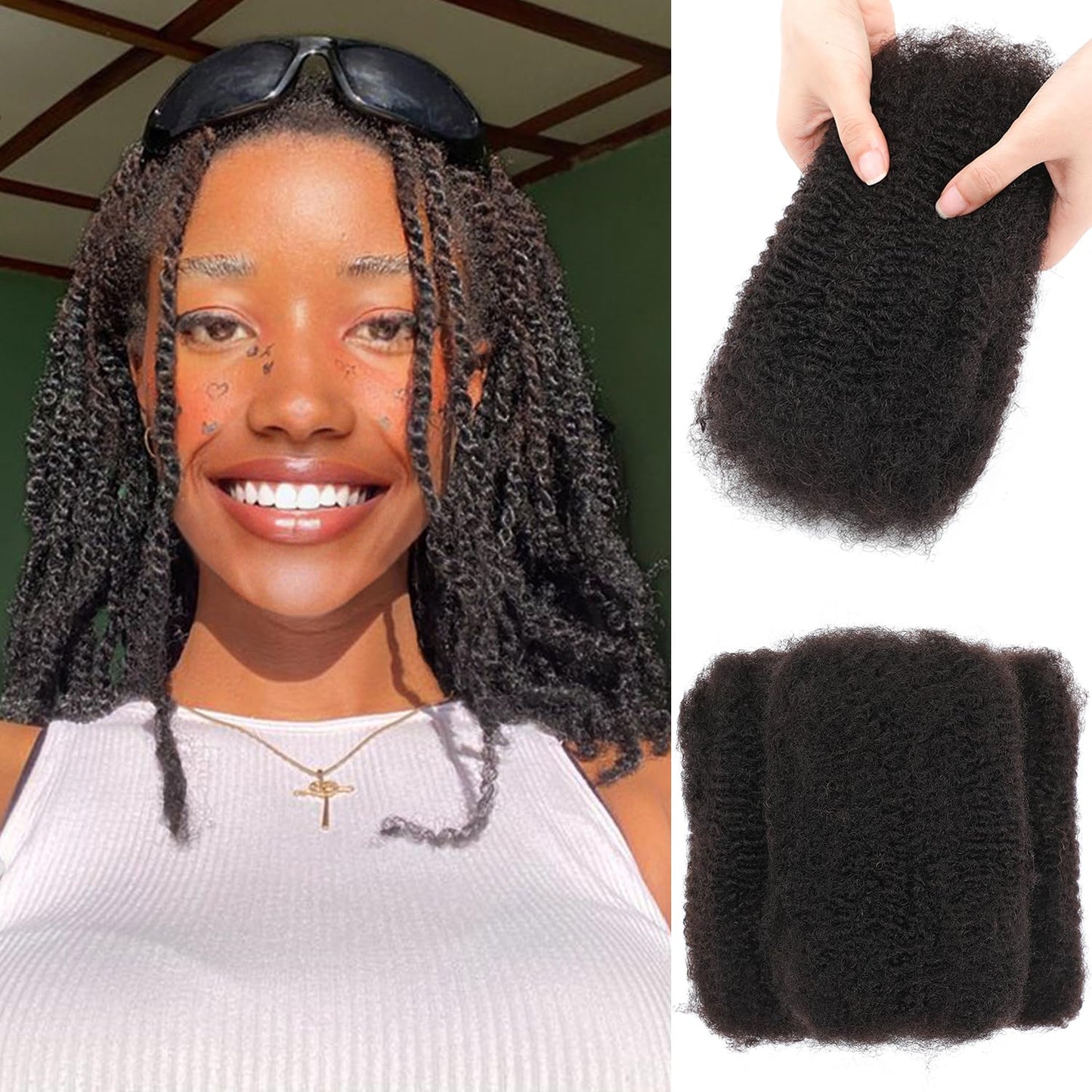 Afro Kinkys Bulk 100% Human Hair For Twist Dreadlock Extensions Afro Kinky Curly Human Braiding Hair For Repair Crochet Dreads Loc Twist Braids (#1B, 16Inch-50Gram)