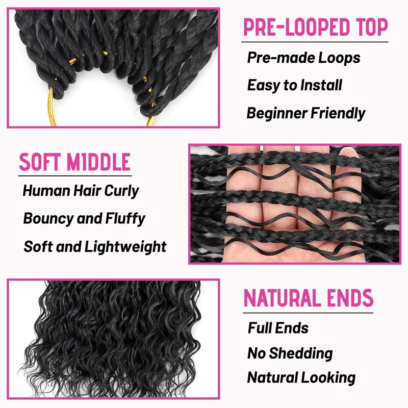 Boho Crochet Braids - Human Hair Pre-Looped Bohemian Extensions with Curly Ends | 24 Inch, Color 1B