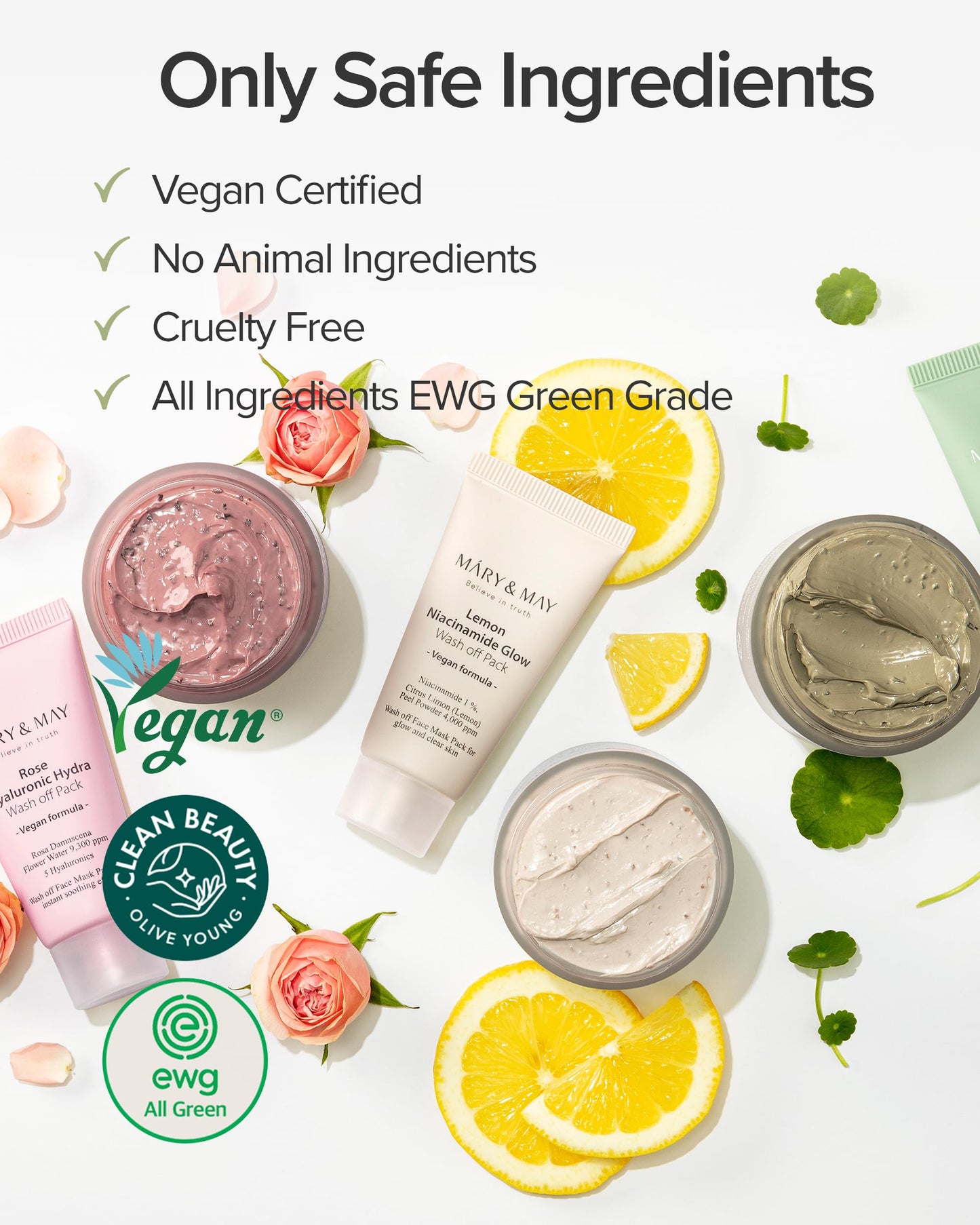 Mary&May Vegan Wash Off Mask Mini Gift Set - Cica Tea Tree, Rose Hyaluronic, Lemon Niacinamide, Blackberry Complex, Calendula Peptide - Soothing, Hydrating, Radiant Skin, Anti-Aging, 1.01oz. 5 Pack