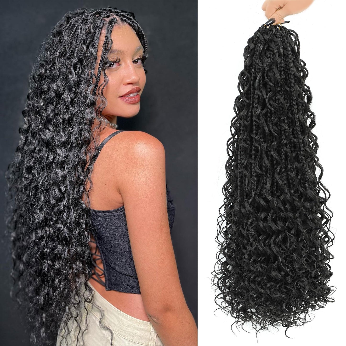 Liyate Boho Box Braids Crochet Hair for Women 18 Inch 7 Packs Black Bohemian Crochet Braids with Curly Ends Goddess Box Braids Crochet Braiding Hair Extensions, 1B