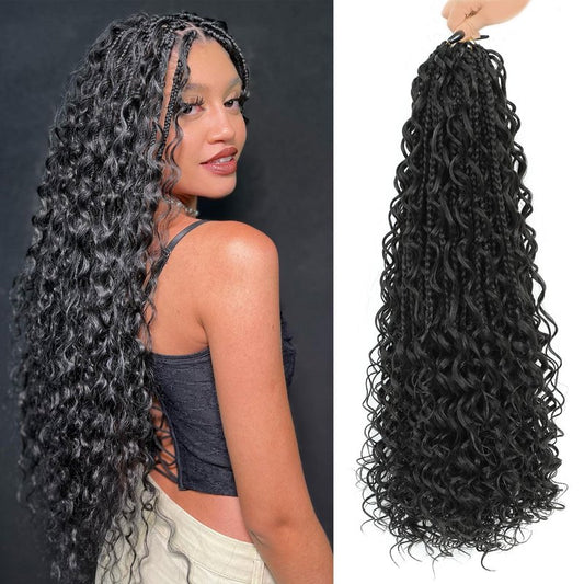 Liyate Boho Box Braids Crochet Hair for Women 18 Inch 7 Packs Black Bohemian Crochet Braids with Curly Ends Goddess Box Braids Crochet Braiding Hair Extensions, 1B