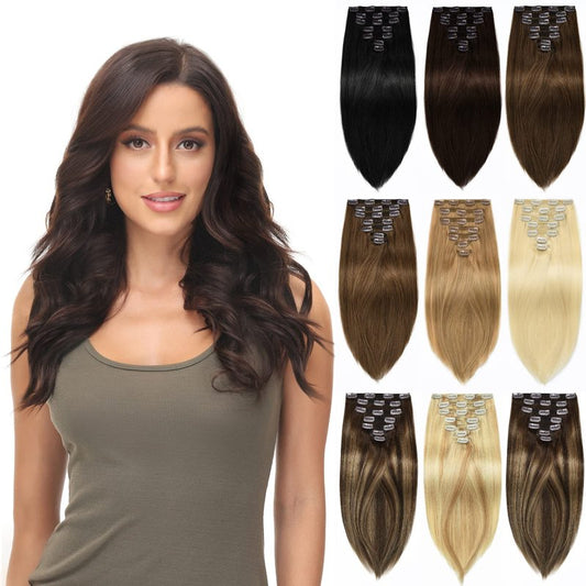 Rose bud Clip in Hair Extensions Real Human Hair 7Pcs 16Clips 14Inch 130g Natural Thick Hair Extensions Human Hair Medium Brown to Dark Blonde
